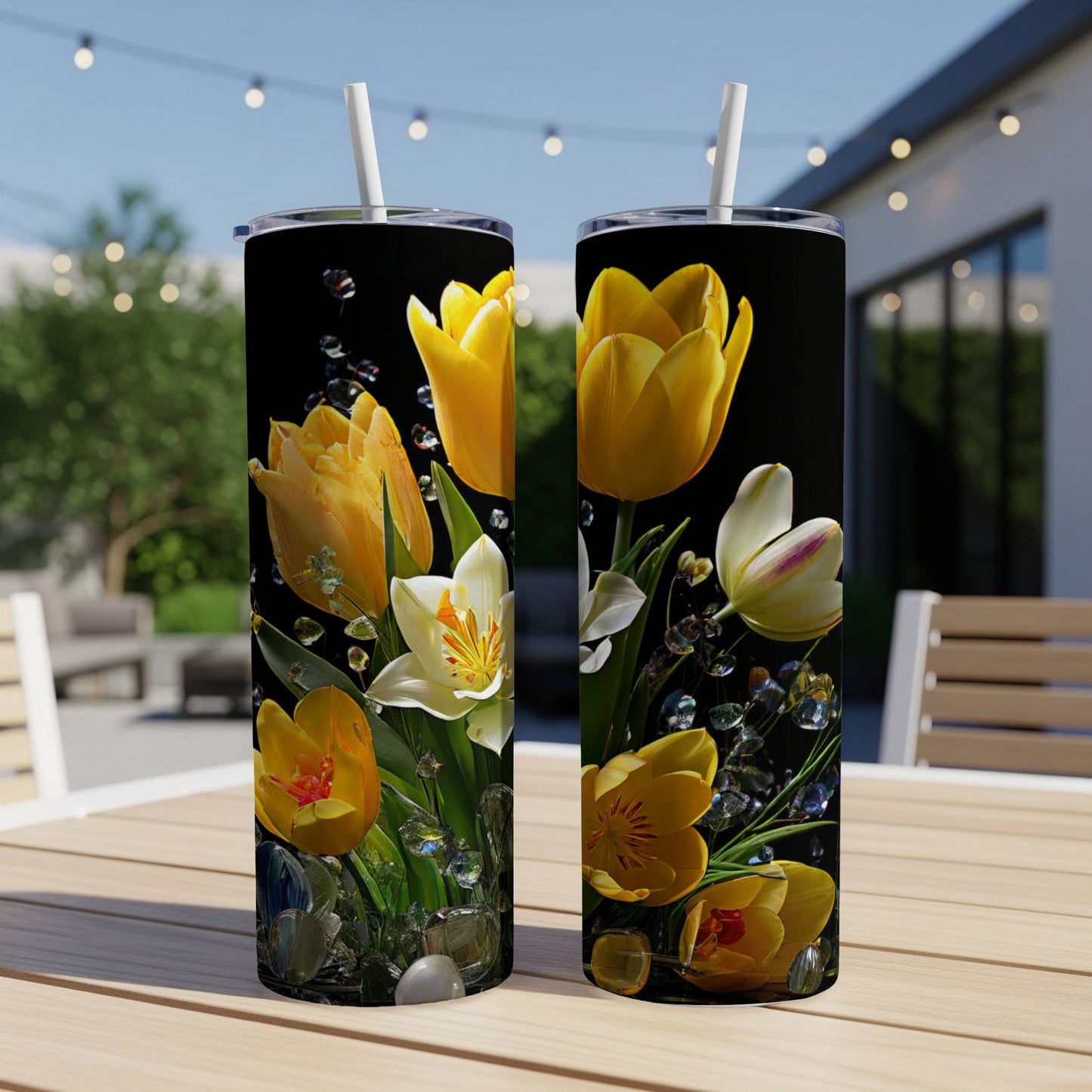 Yellow tulips and white flowers with water droplets on a black background.