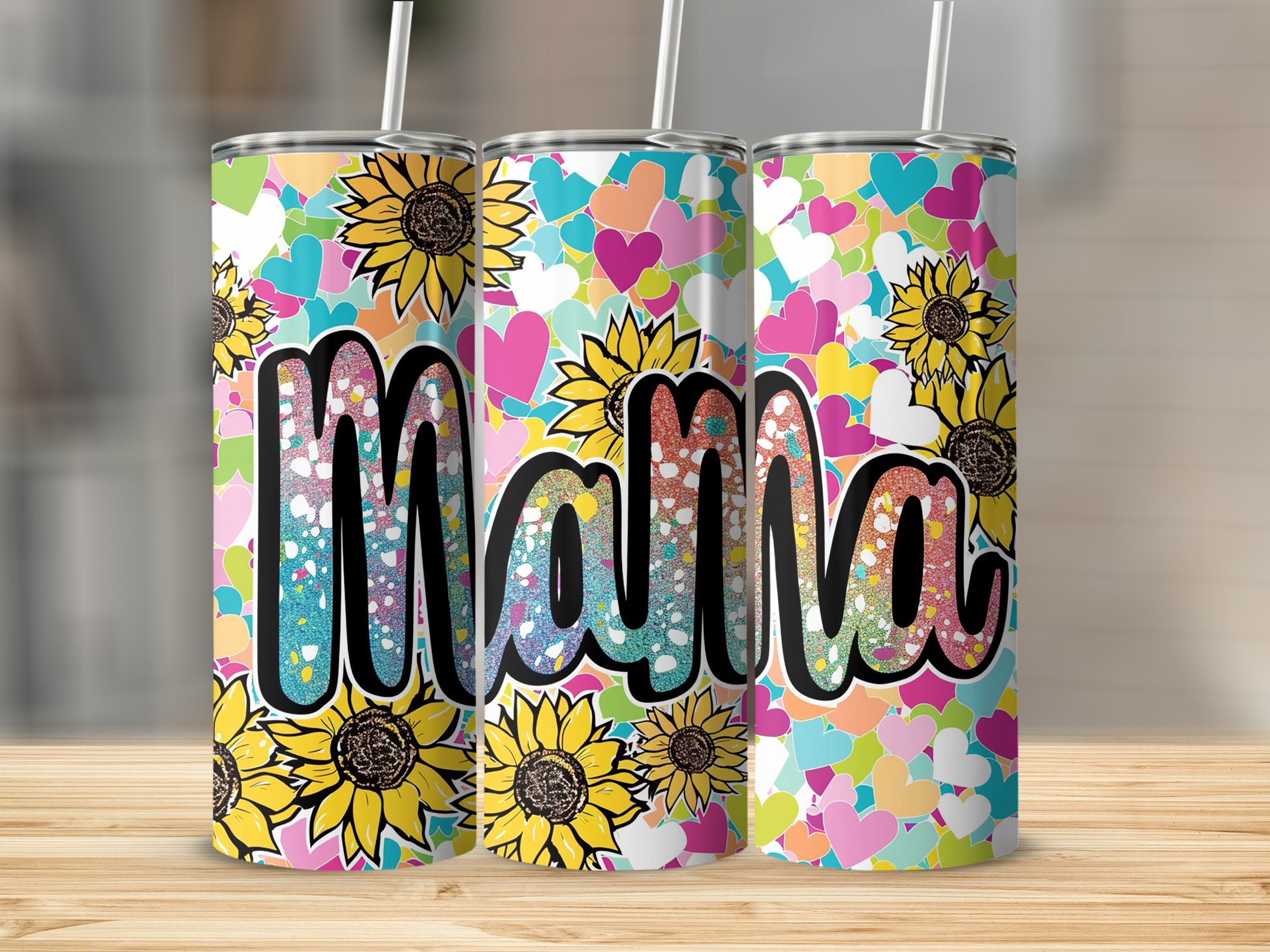 Colorful Hearts and Sunflowers Mama Tumbler Product