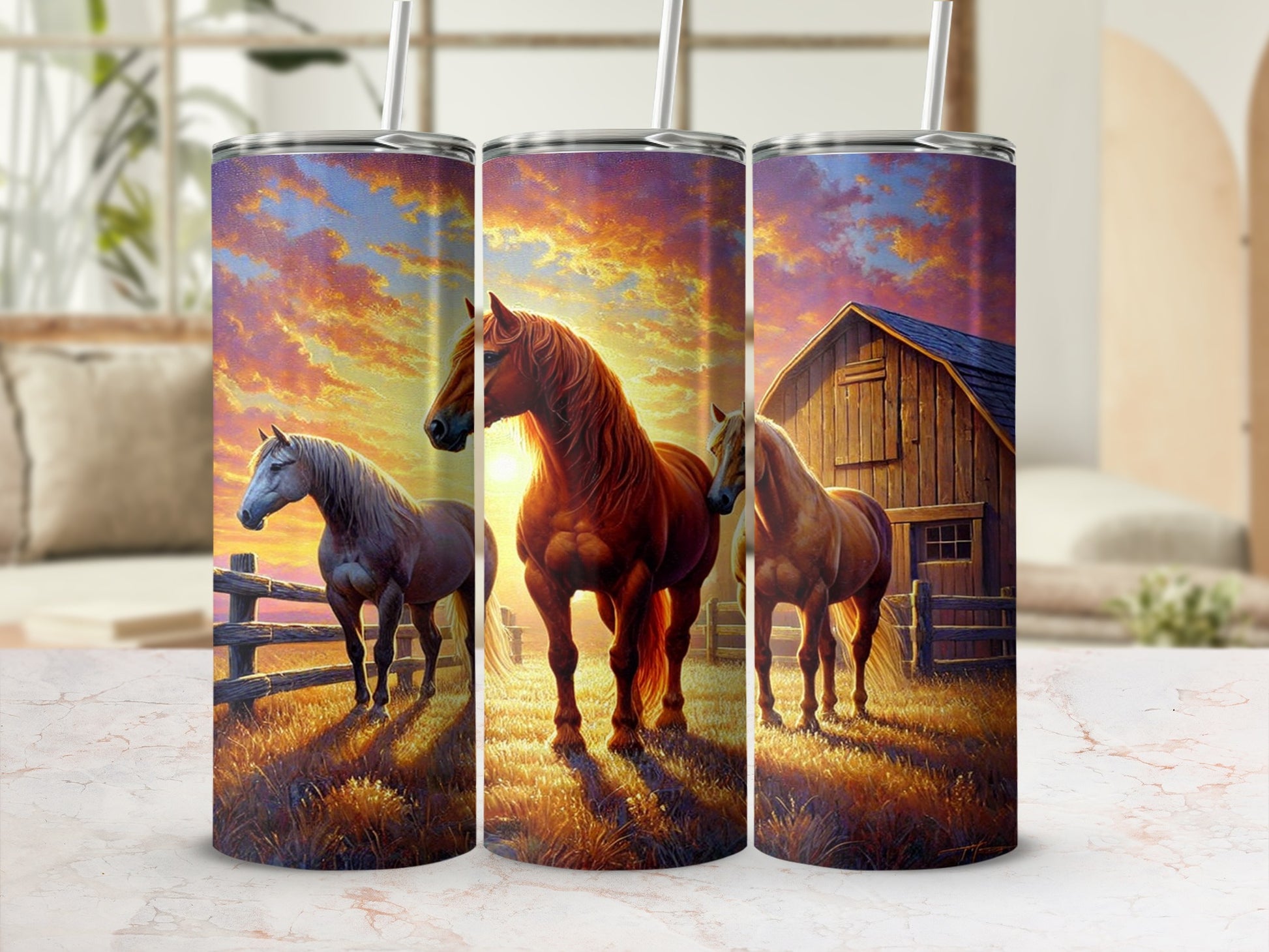 Beautiful Horse and Barn Scene Design Tumbler