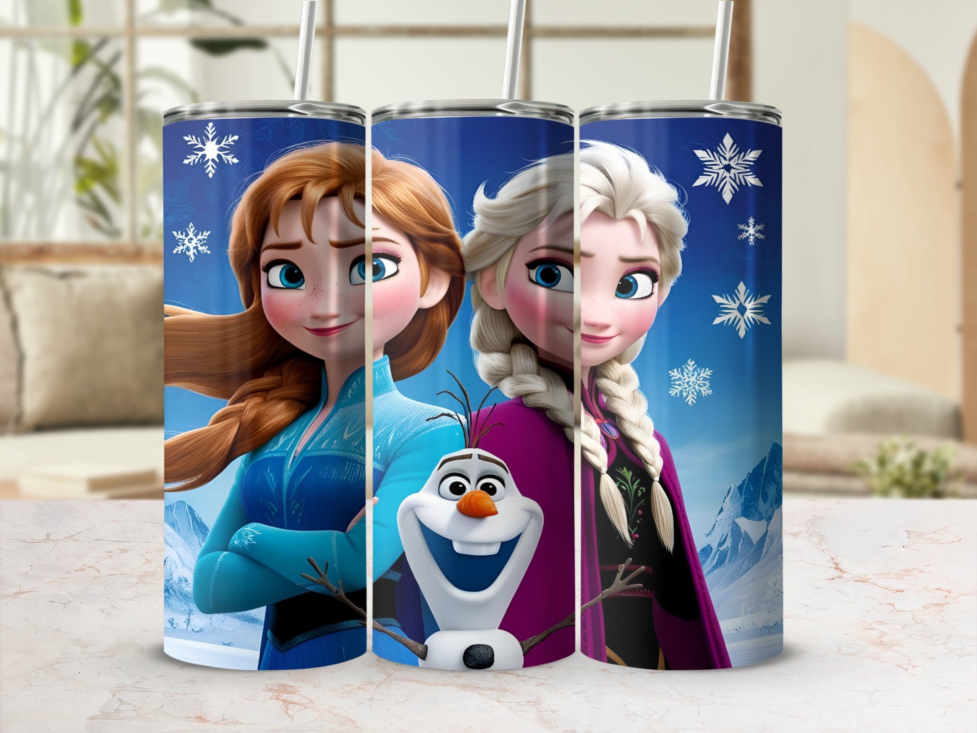 Elsa and Anna from Frozen with Olaf on a blue, starry background.