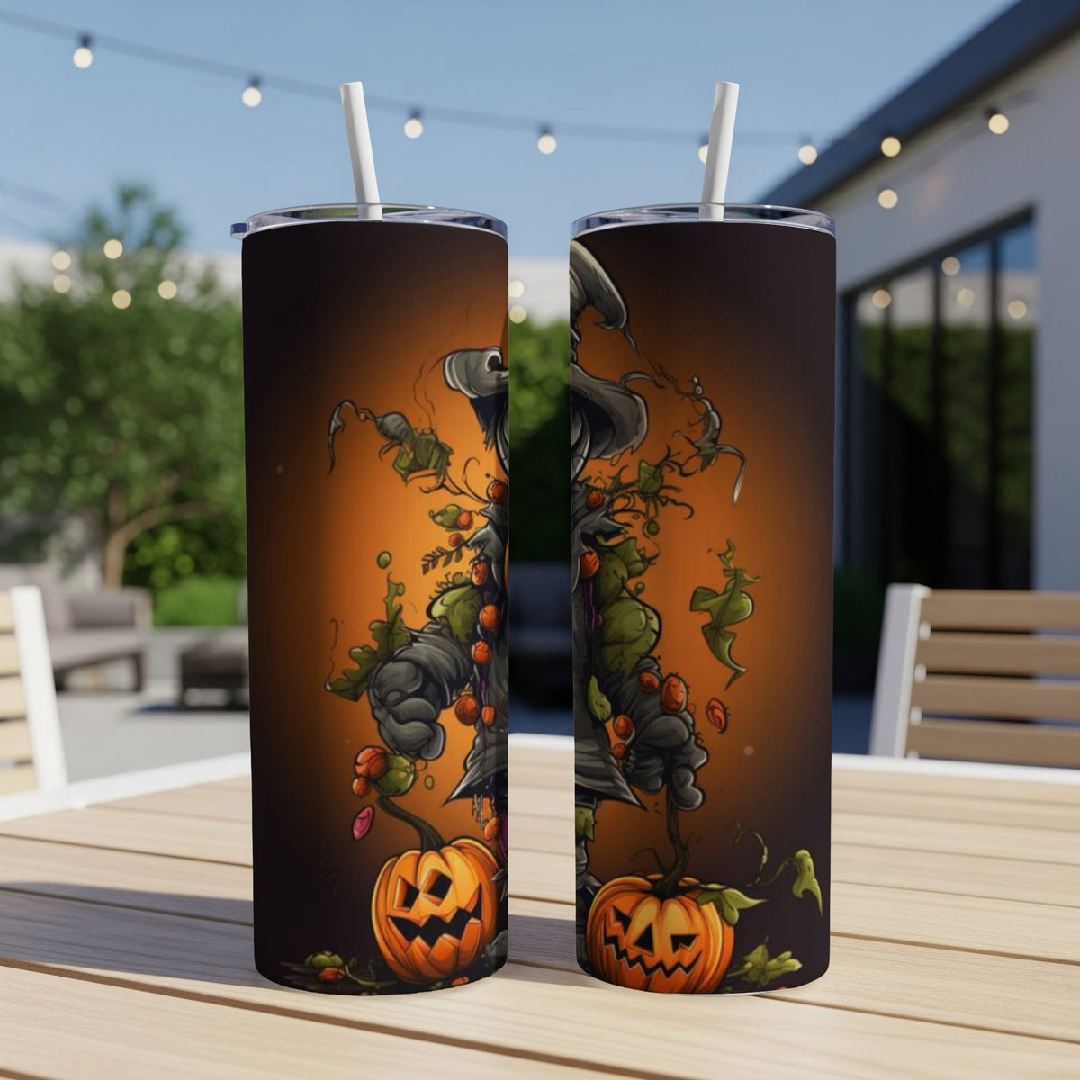 Two tumblers with a spooky witch and pumpkins Halloween design.