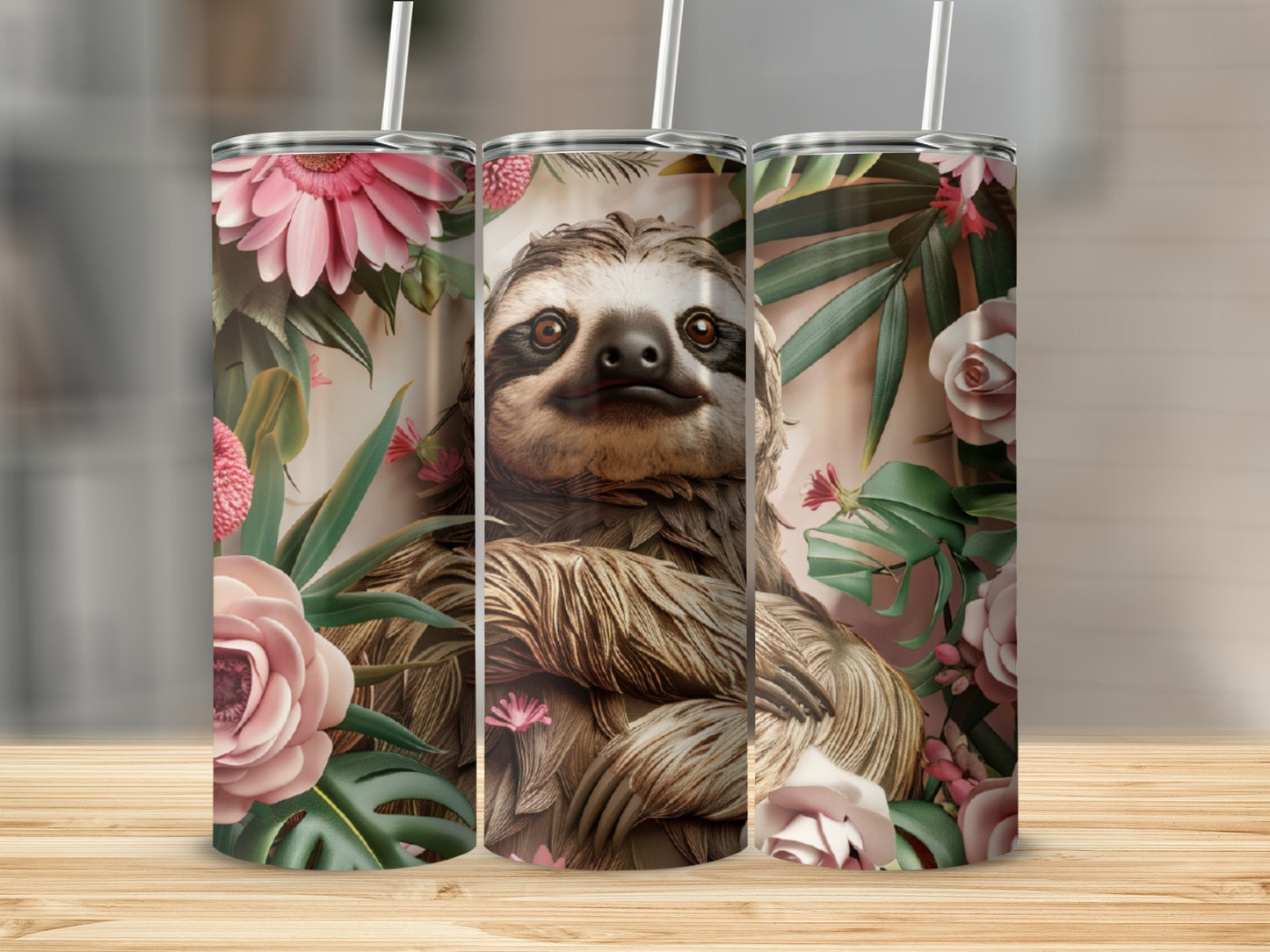 Sloth surrounded by pink flowers and green leaves on three tumblers.
