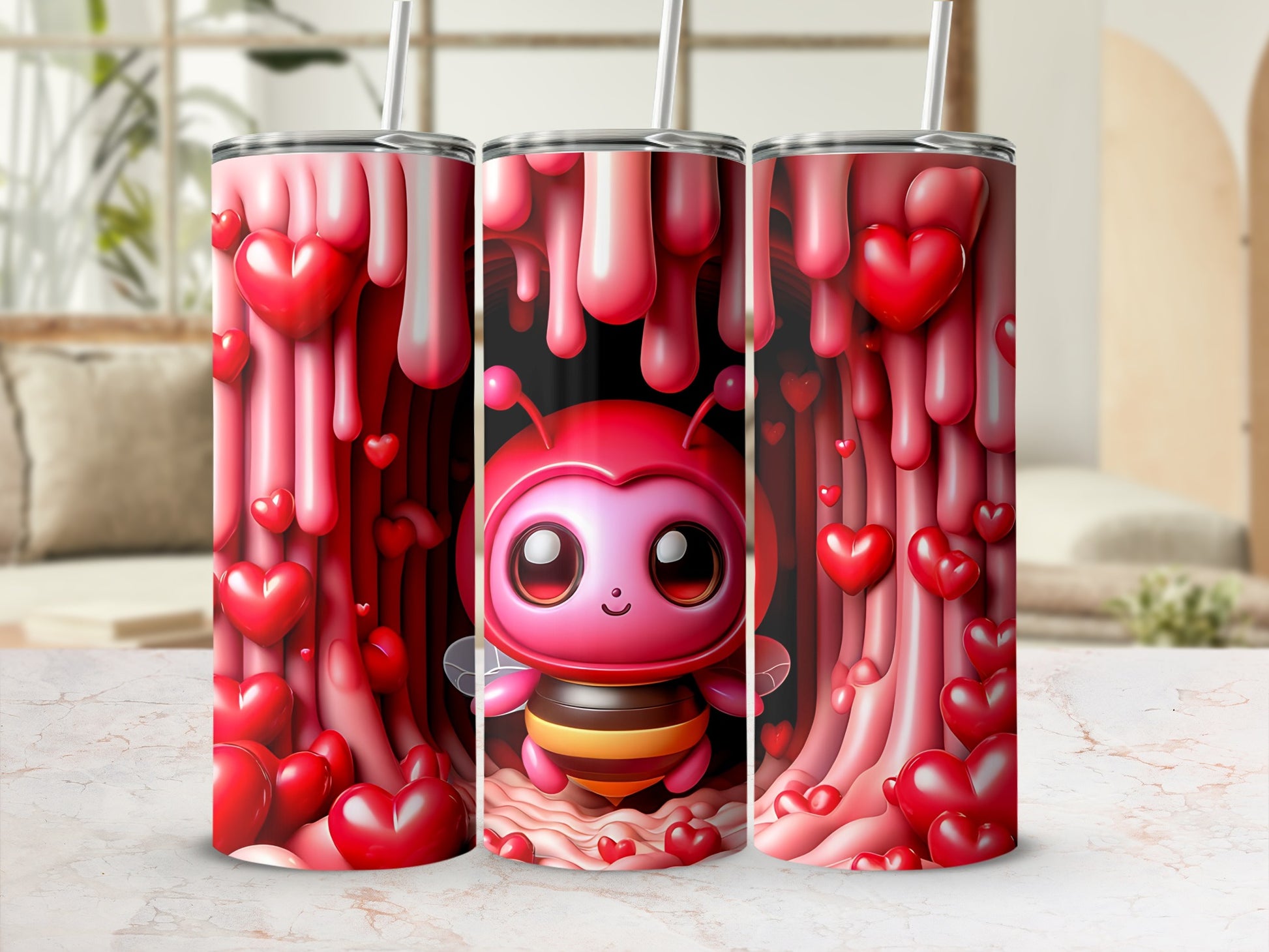 Cute bee character in a heart-covered tunnel with dripping red liquid.