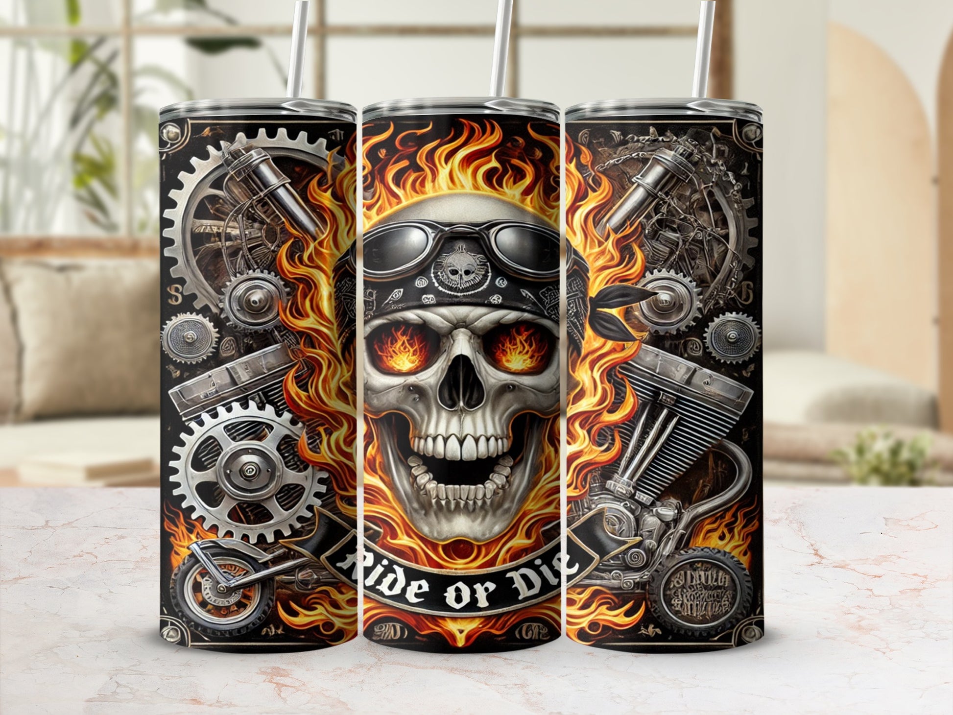Ride or Die Skull and Engine Themed Tumbler Product