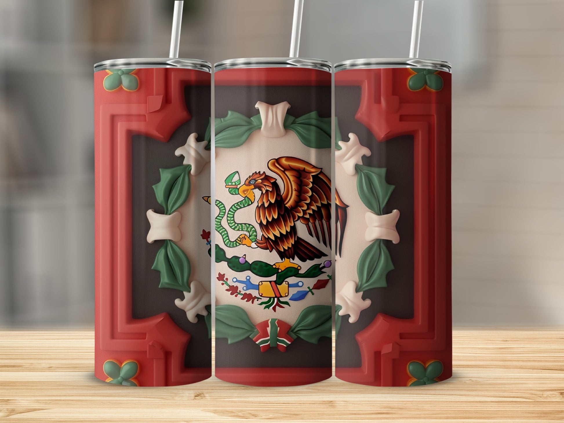 Three tumblers with the Mexican flag and ornate red frames.