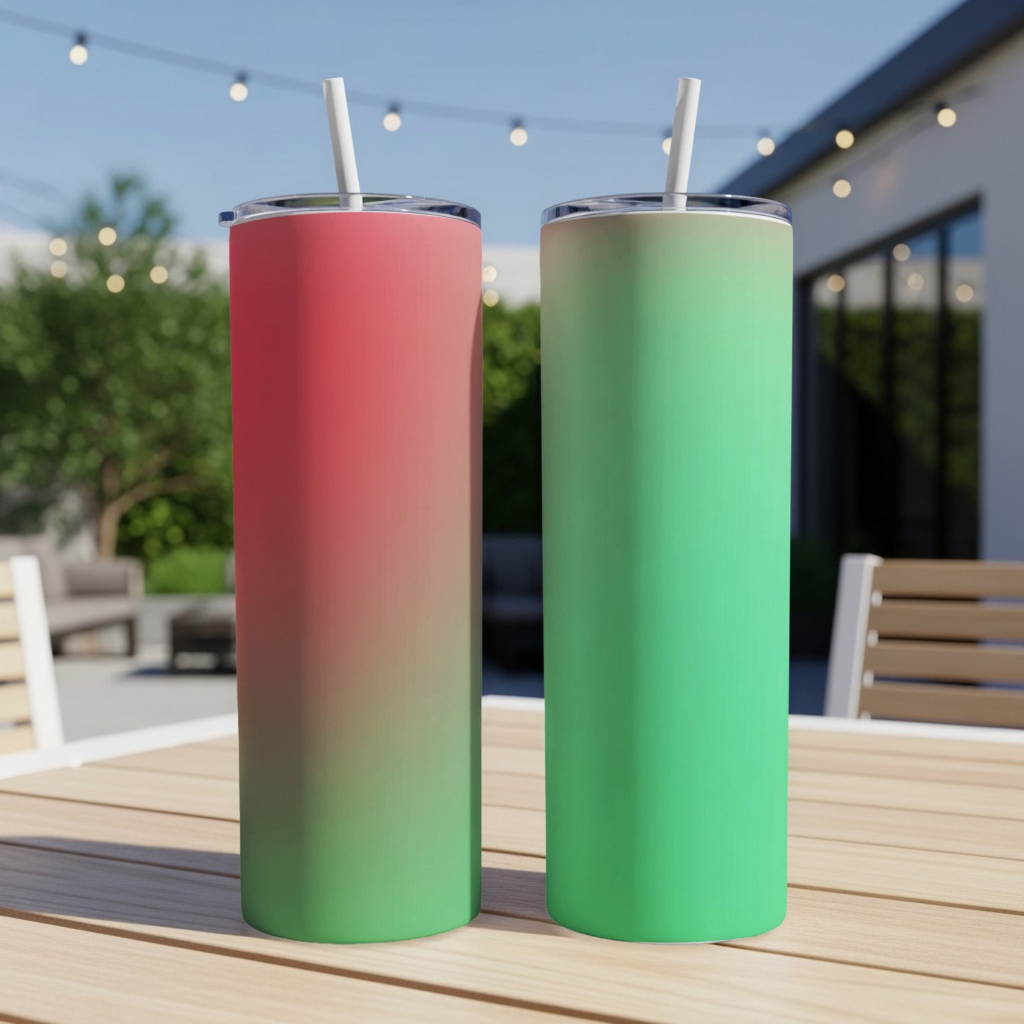 Two gradient tumblers, one red to green, one green to green, with straws.