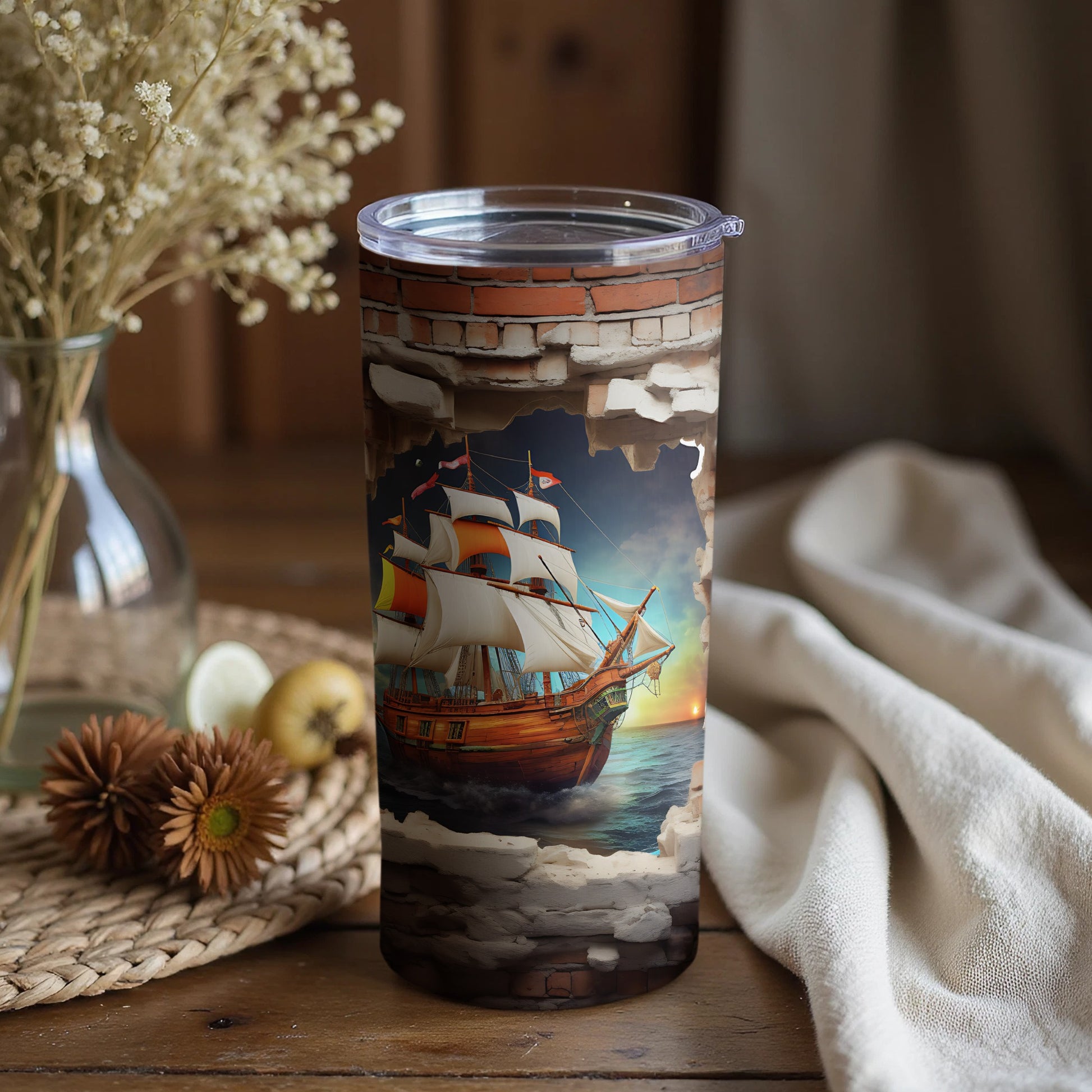 Tall Tumbler with Detailed Sailing Ship Design