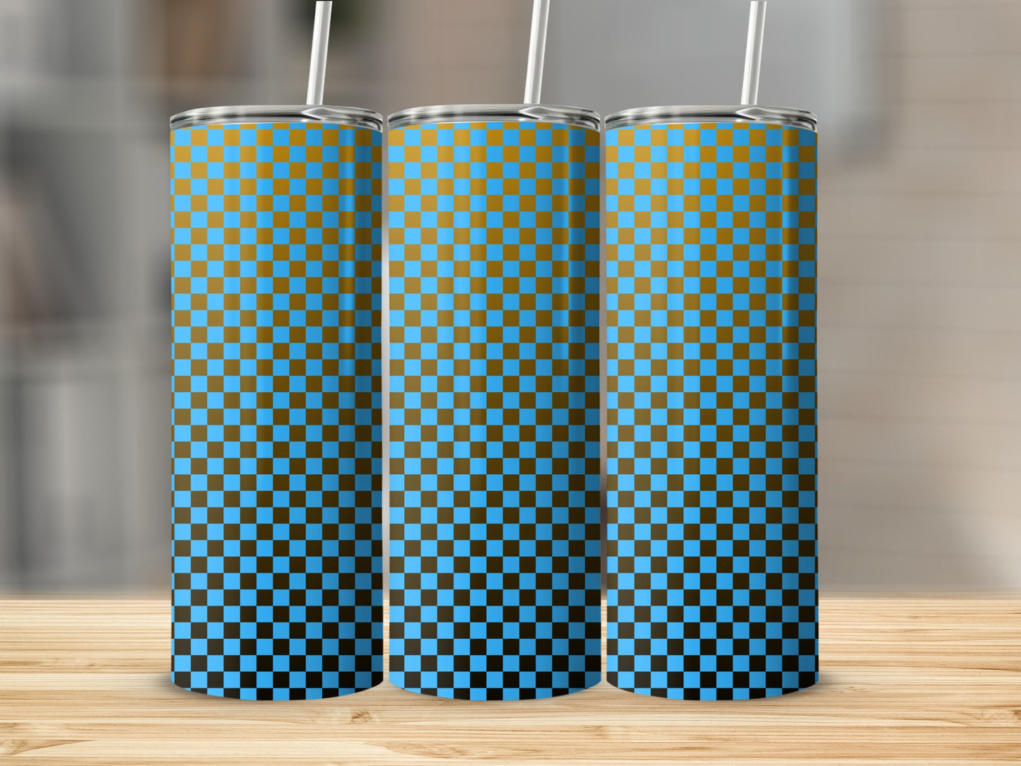 Three tumblers with a blue and brown checkered gradient pattern.