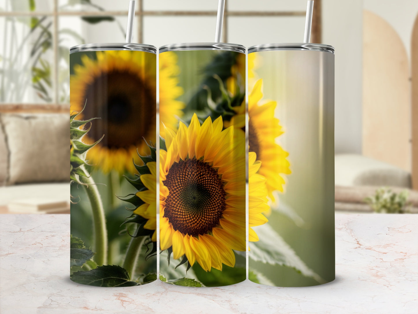 Three tumblers featuring close-ups of sunflowers against a blurred background.