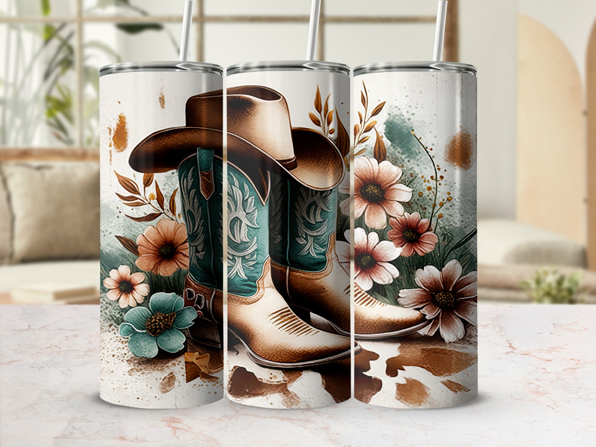 Cowboy boots and hat with floral accents on a tumbler.