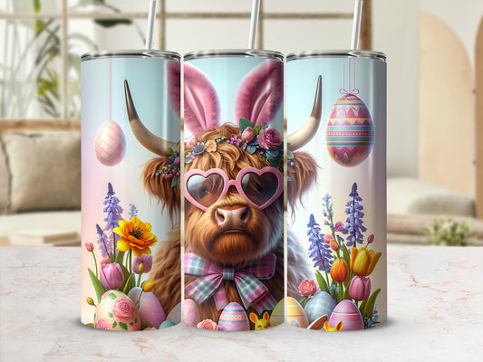 Highland cow with bunny ears and sunglasses, surrounded by Easter eggs and flowers.