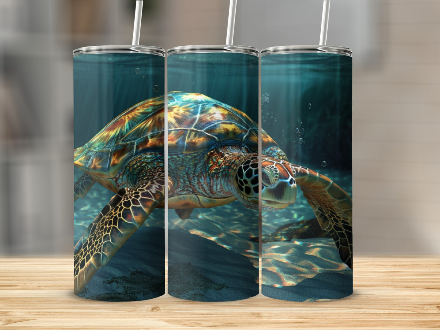 Sea turtle swimming underwater with sunlight filtering through the water.