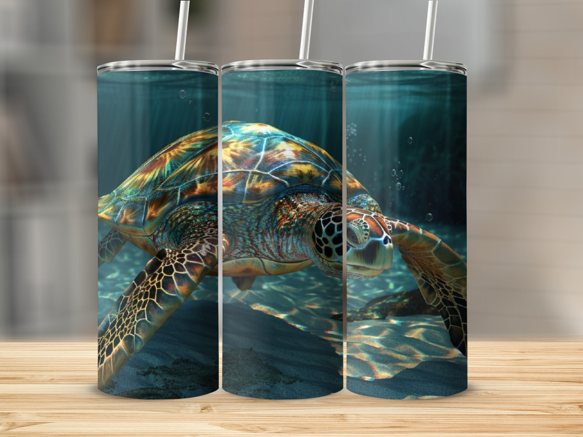 Sea turtle swimming underwater with sunlight filtering through the water.