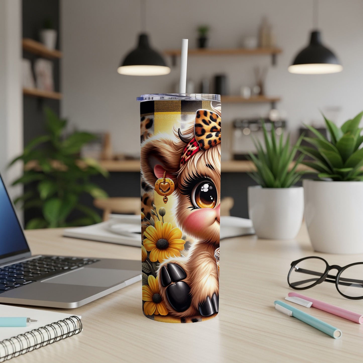 Cute cartoon cow with sunflowers on a leopard print tumbler.