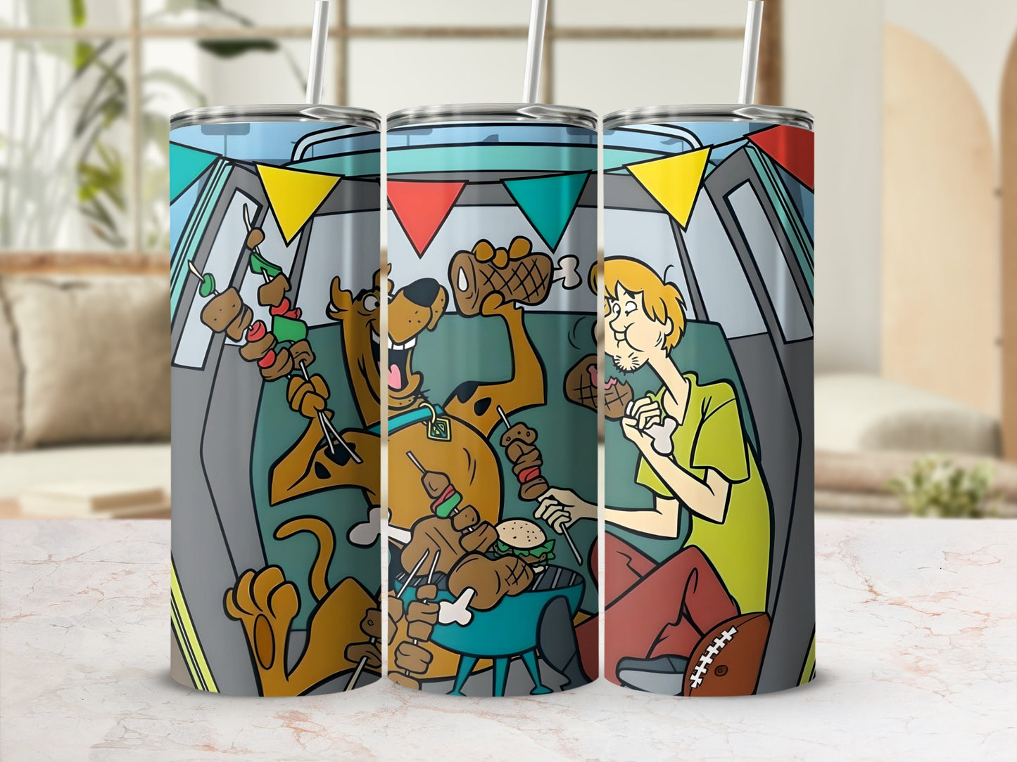 Scooby-Doo and Shaggy at a barbecue with cartoon art.