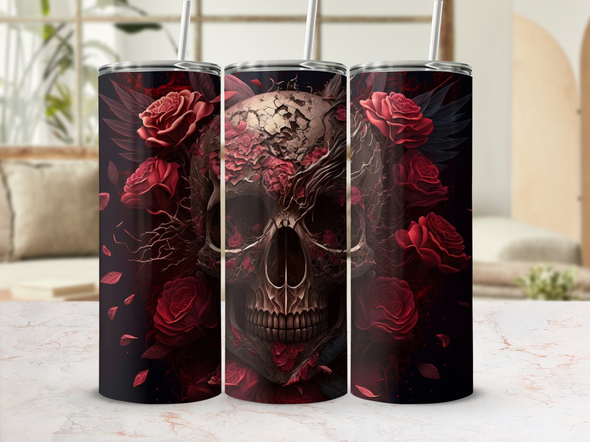 Gothic Skull and Roses Artwork Tumbler Design