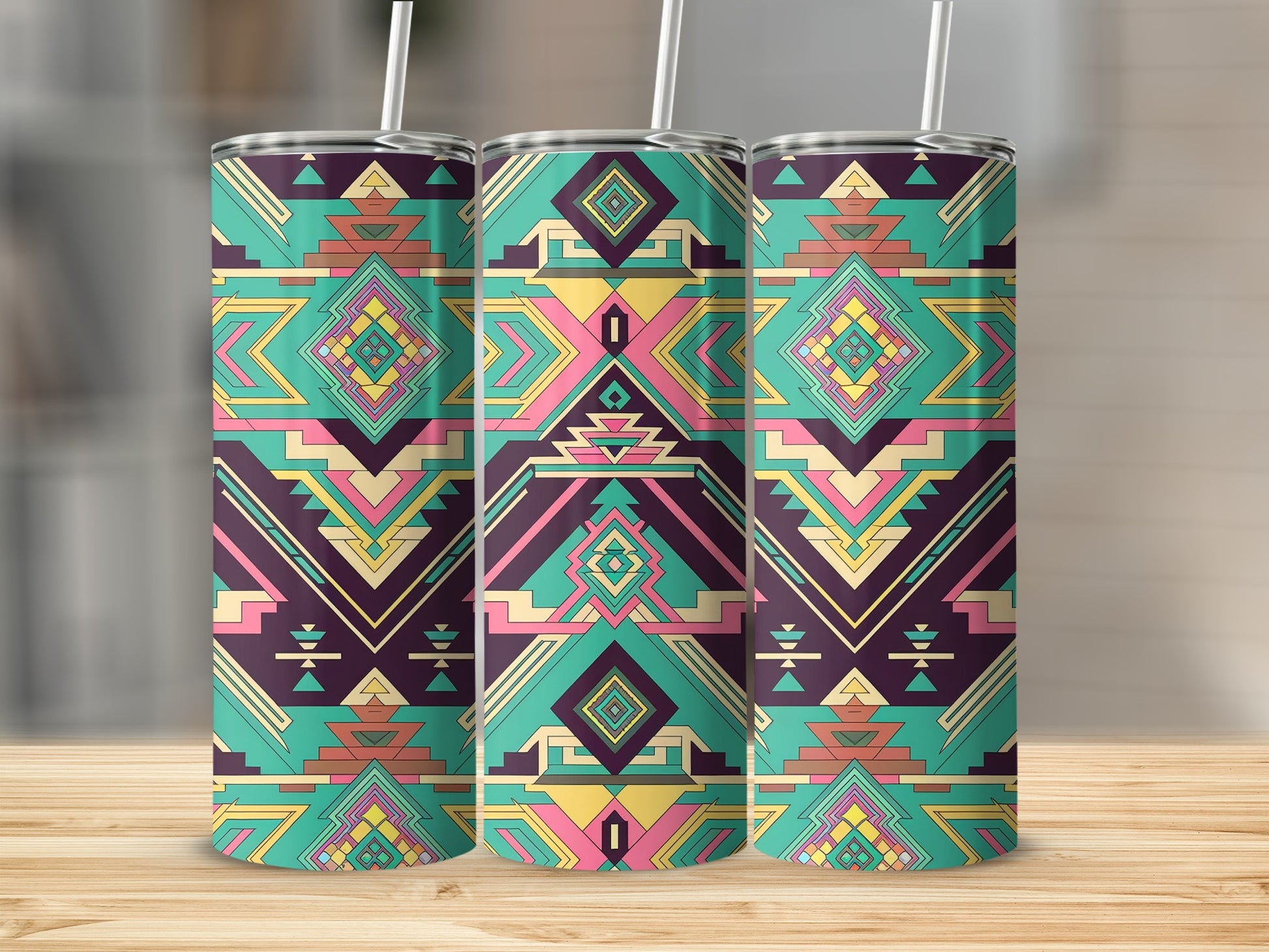 Three patterned tumblers with geometric desert-inspired designs.