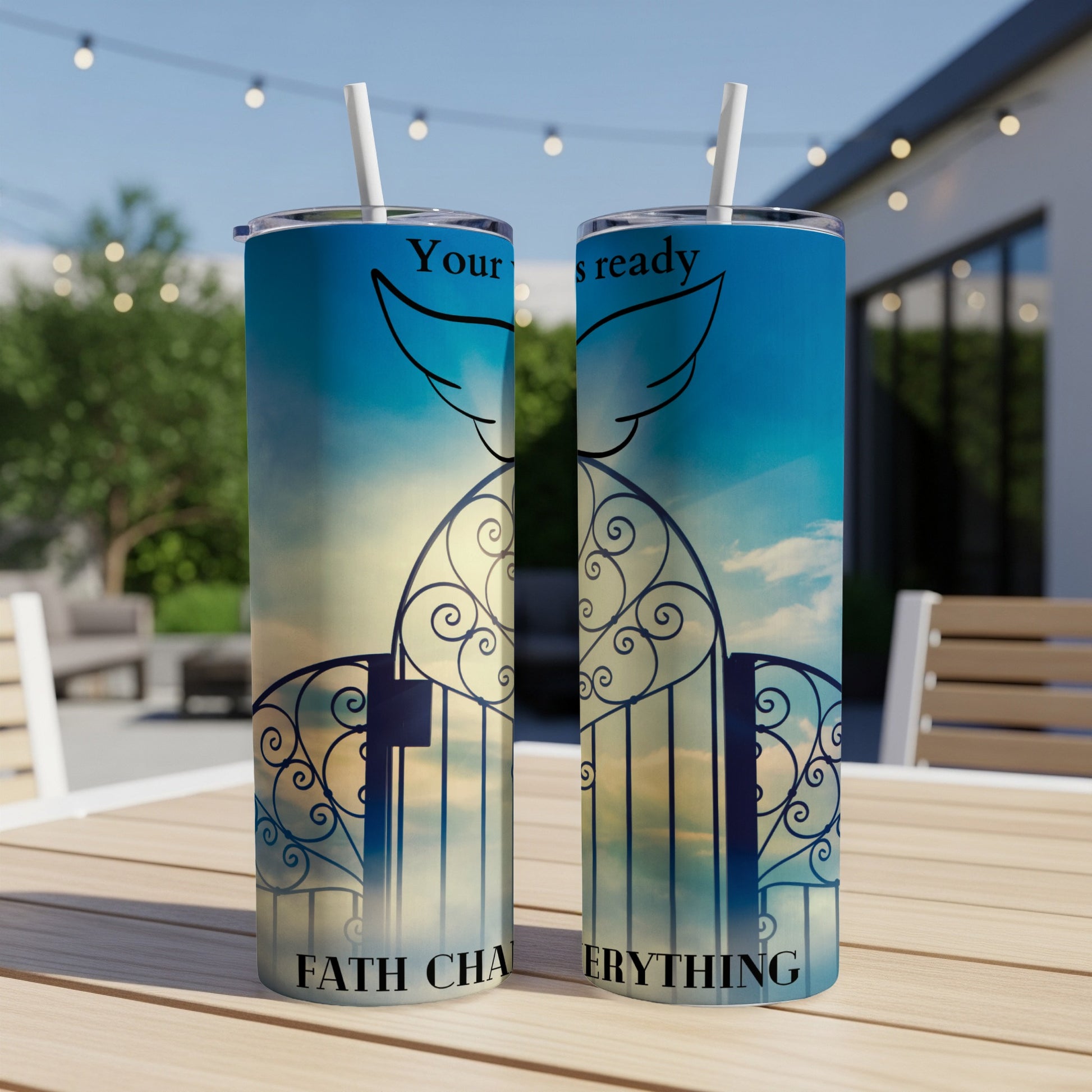 Tumbler with ornate gate and wings design, text "Your" and "FATH CHA ERYTHING".