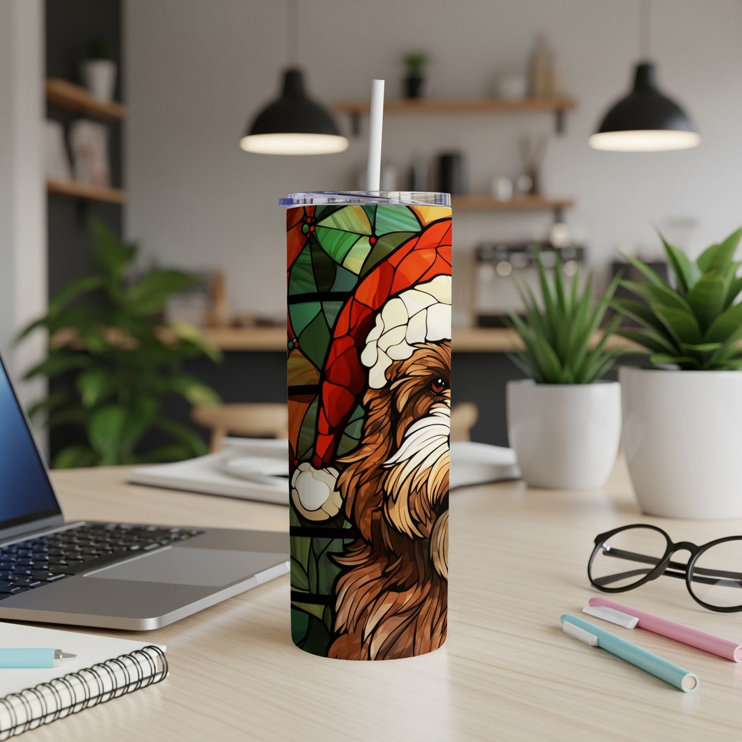 Shih Tzu in Santa hat, stained glass design, on a tumbler.