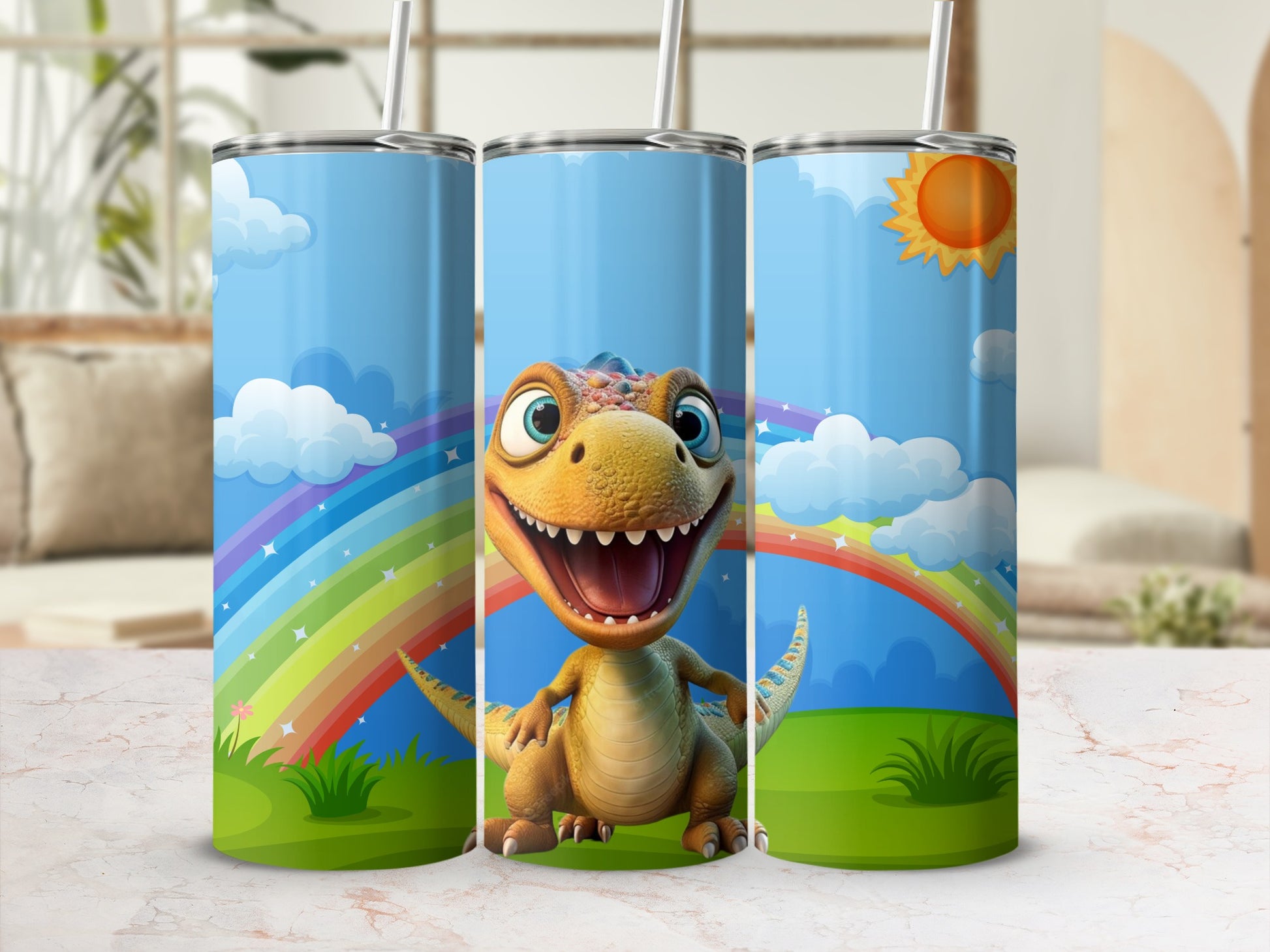 Colorful Dinosaur Rainbow With Clouds On Tumbler