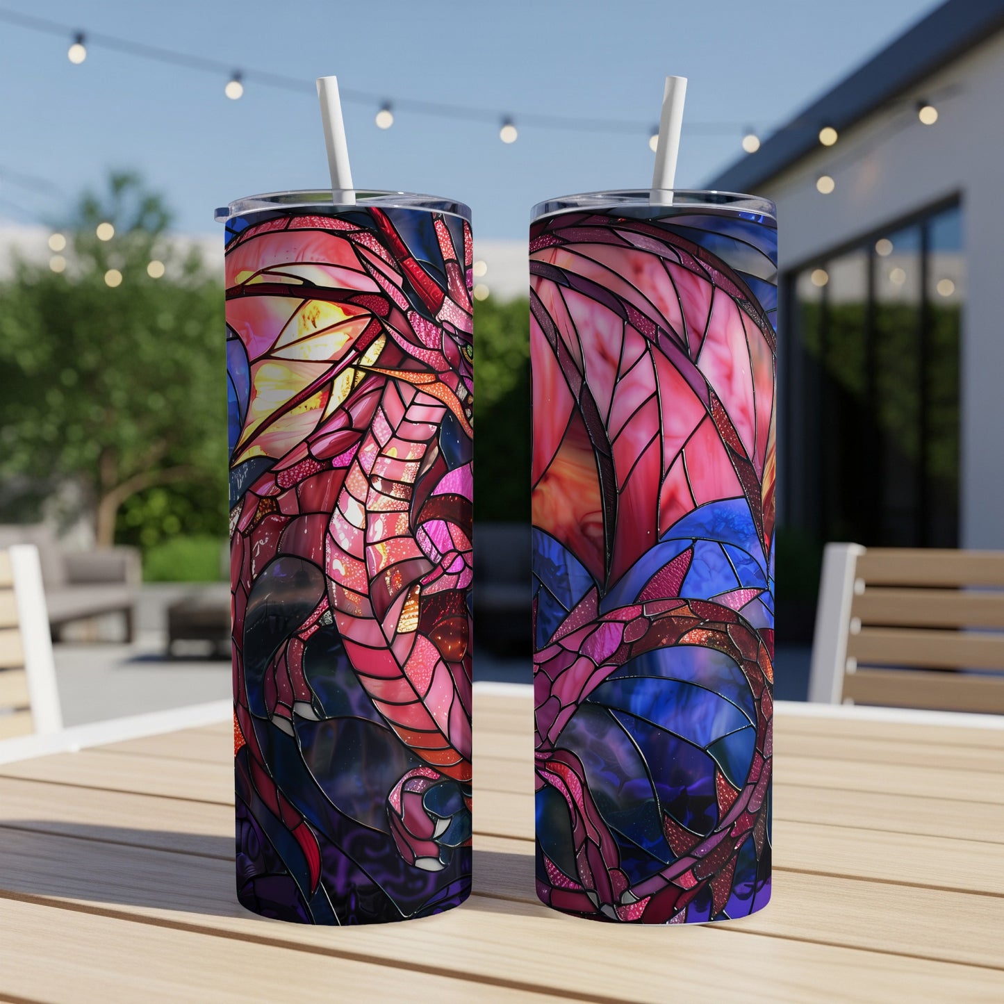 Two tall, stained-glass style tumblers featuring a red and blue dragon design.