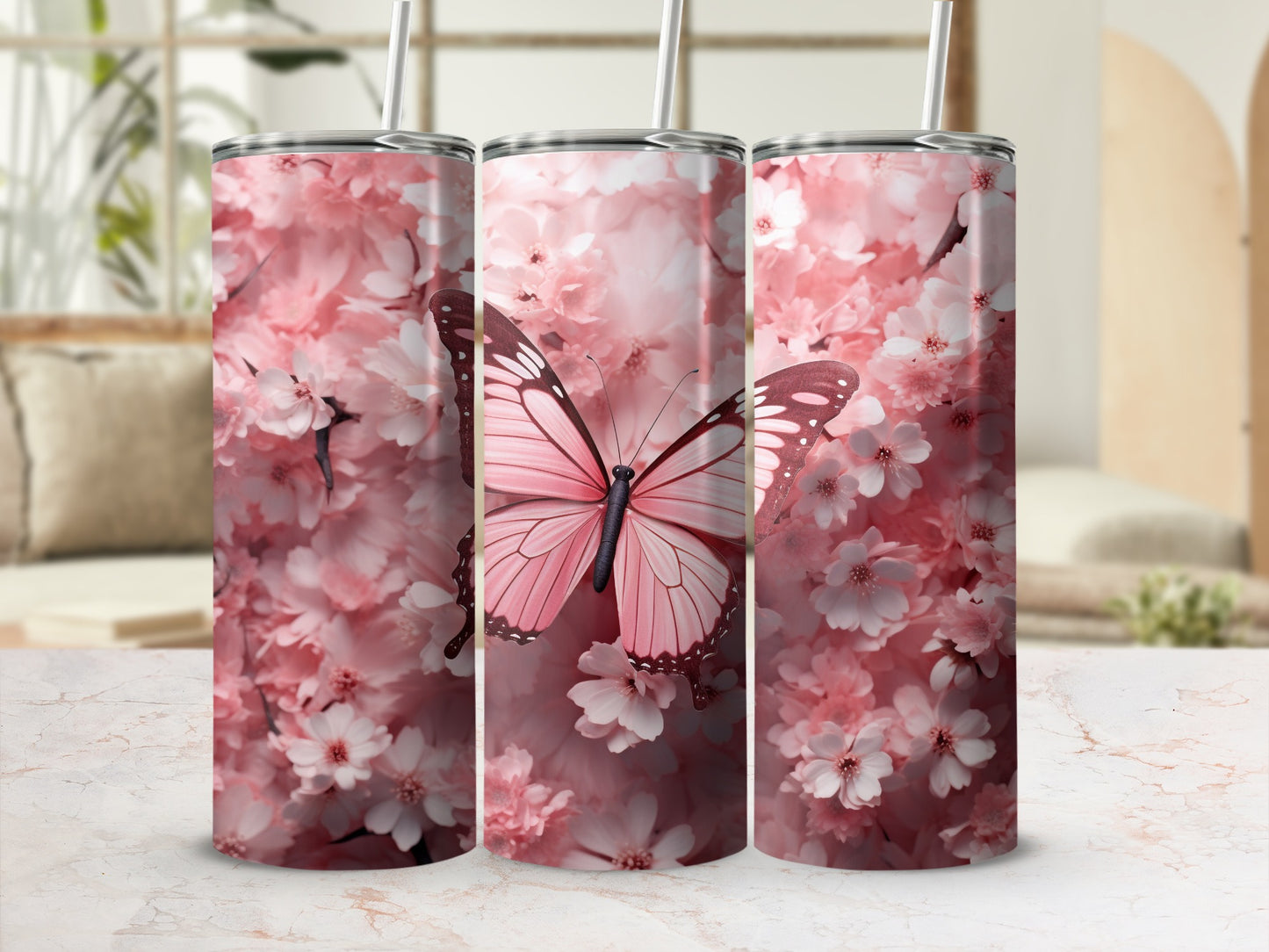 Pink Butterfly Blooming Pink Flowers Tumbler product type
