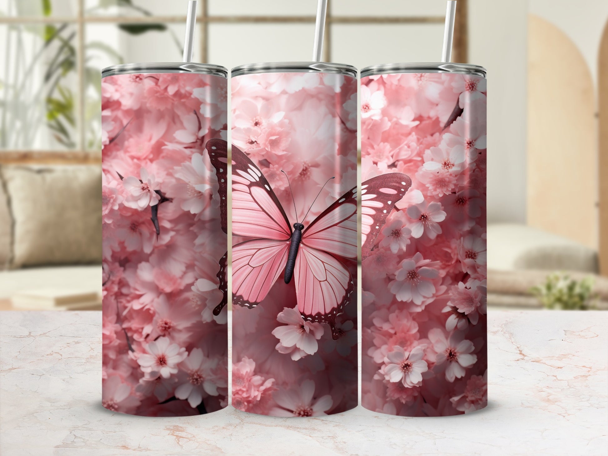 Pink Butterfly Blooming Pink Flowers Tumbler product type