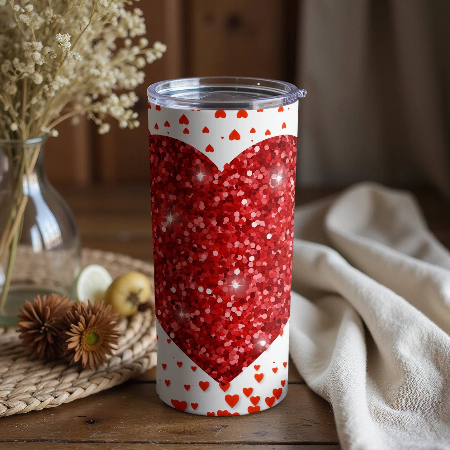 Sparkling Red Heart Design Travel Tumbler
