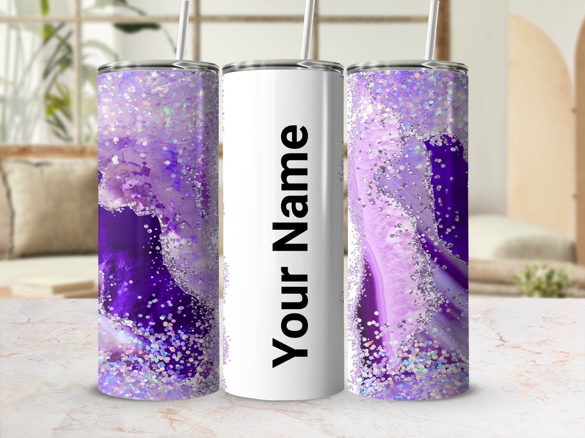 Personalized Glittery Purple Tumbler with Straw Flask