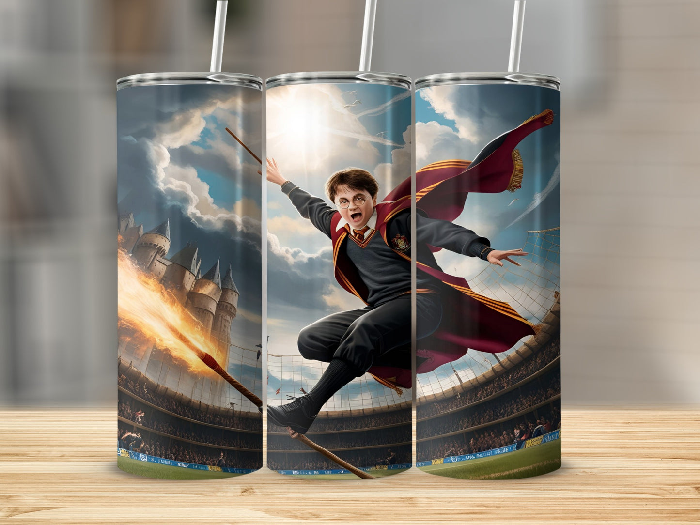Harry Potter flying on a broomstick with castle and stadium background.
