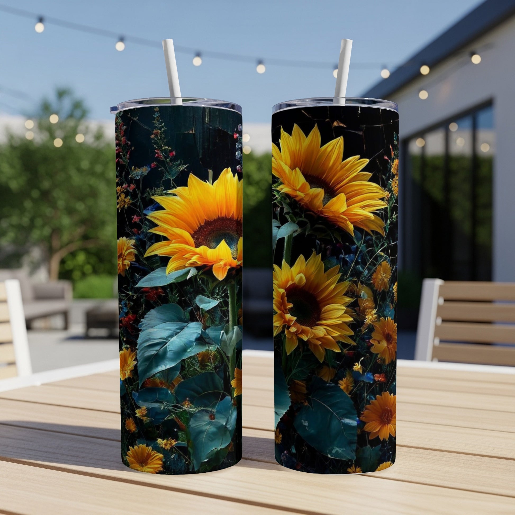Two tumblers with sunflowers and dark floral background on a wooden table.