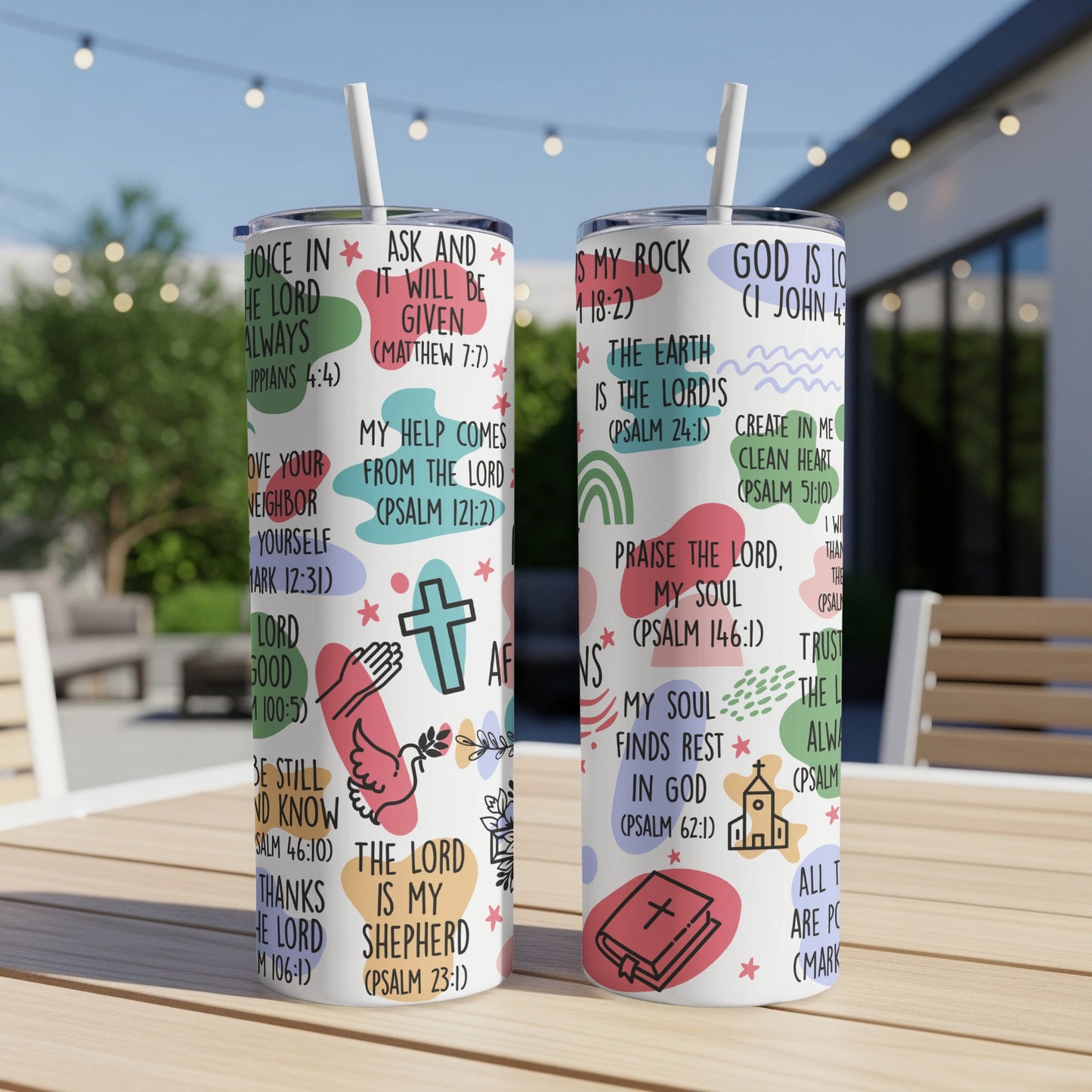 Tumbler with religious phrases like "My Shepherd" and "Ask and it will be given."