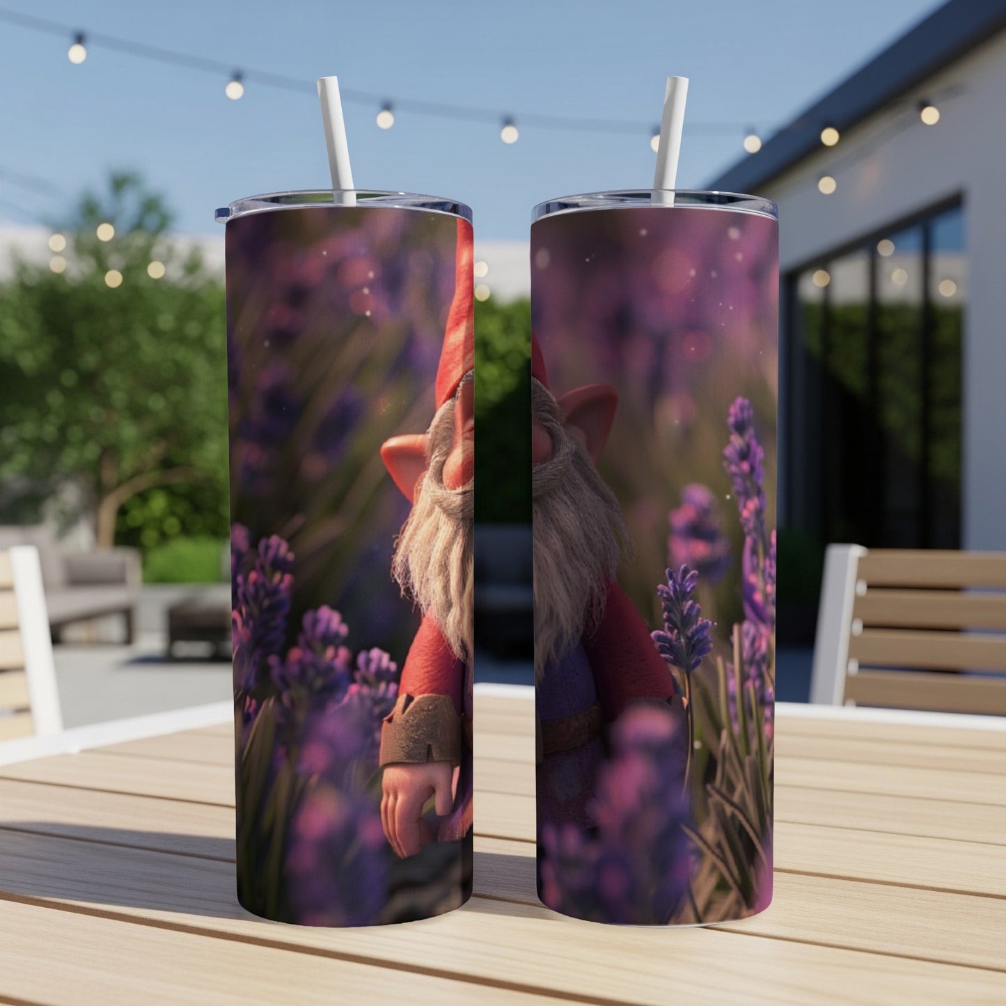 Two tumblers with a gnome illustration in a lavender field.
