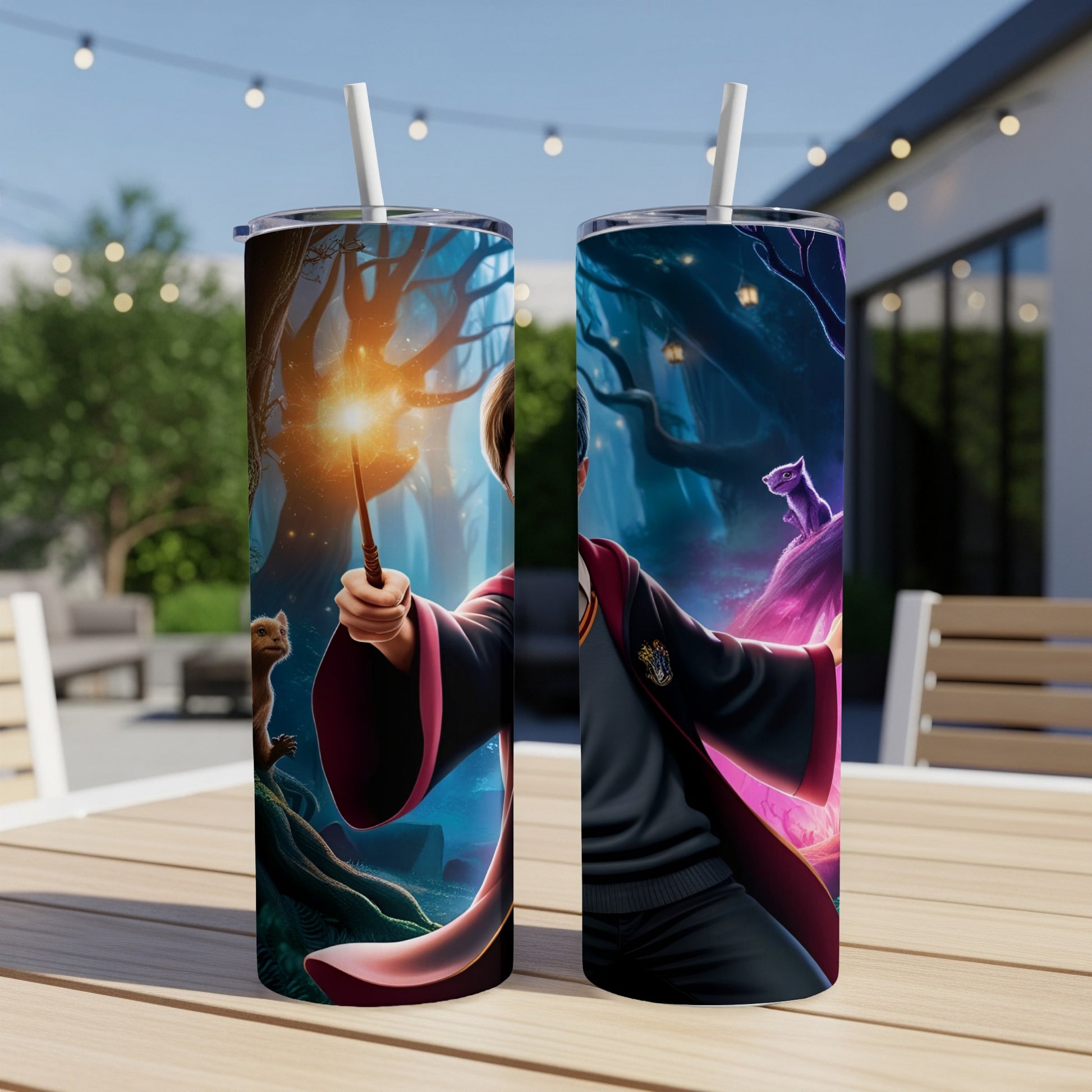 Harry Potter character with wand in magical forest, printed on two tumblers.