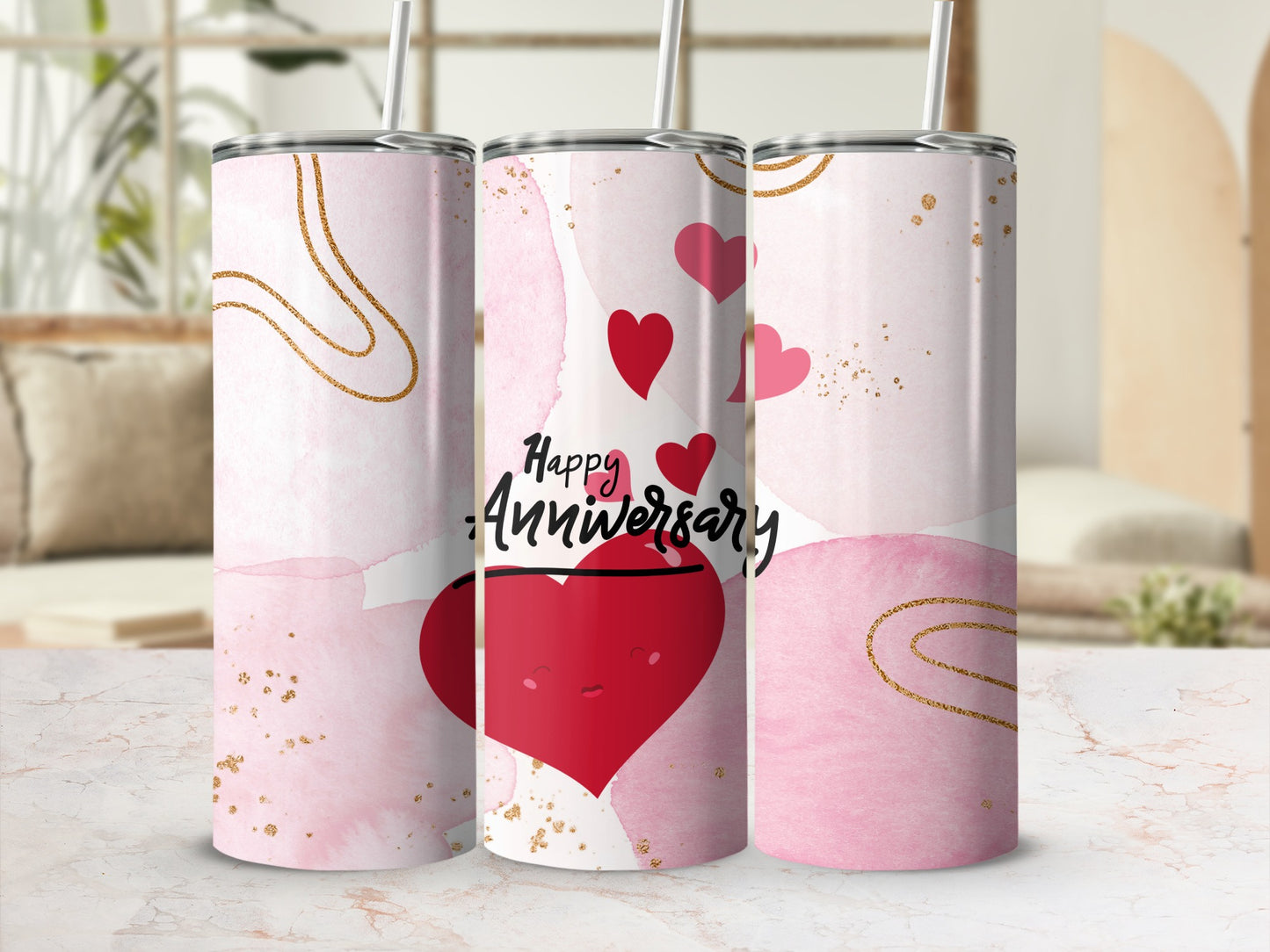 Anniversary tumbler with pink watercolor hearts and gold swirls.