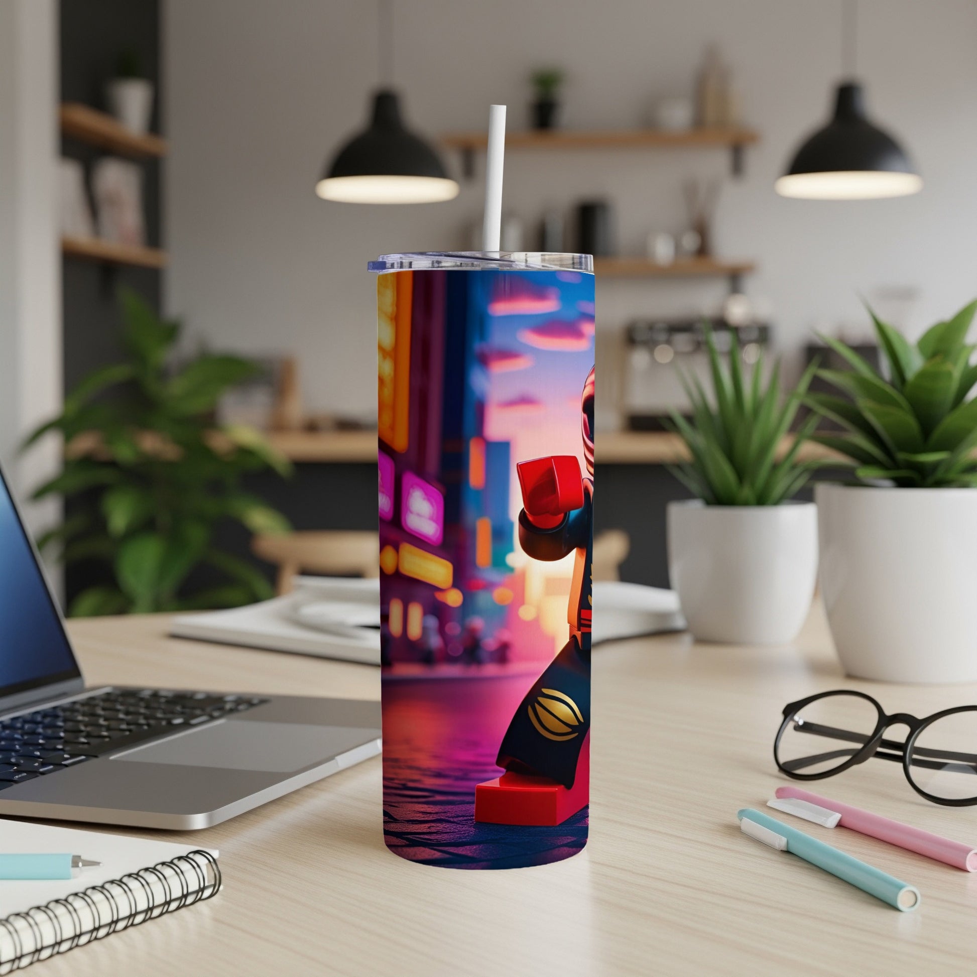 Ninjago character on a colorful cityscape tumbler with a white straw.
