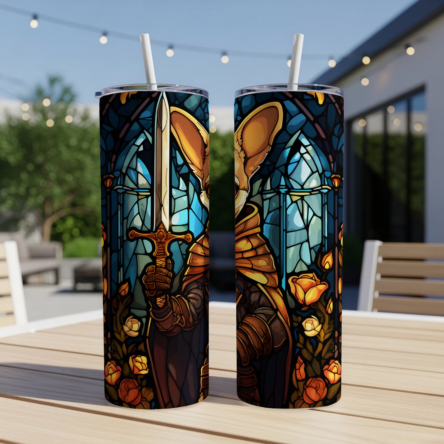 Two tumblers with a stained glass design of a fox knight holding a sword.