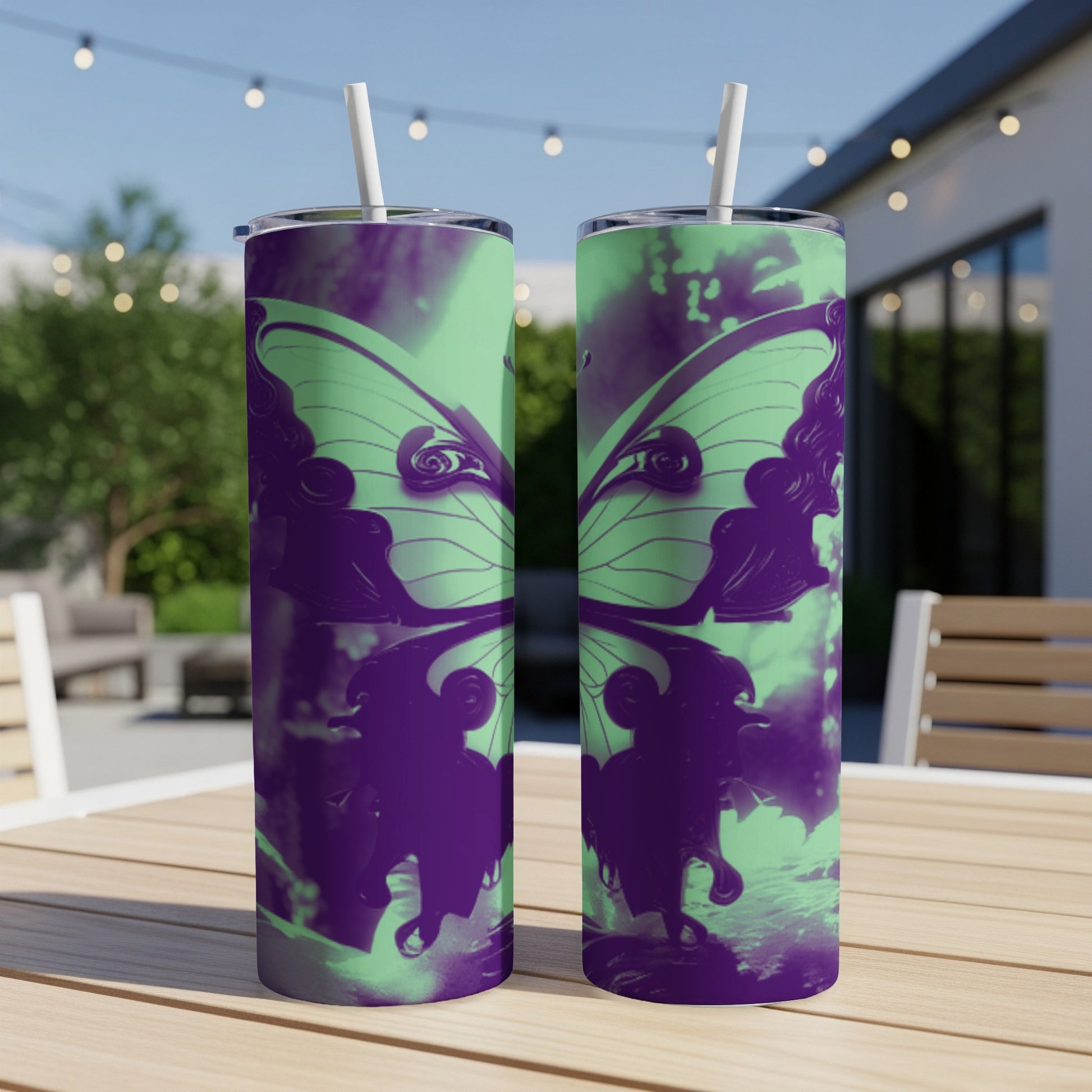 Two tumblers with a purple and green butterfly wing design.