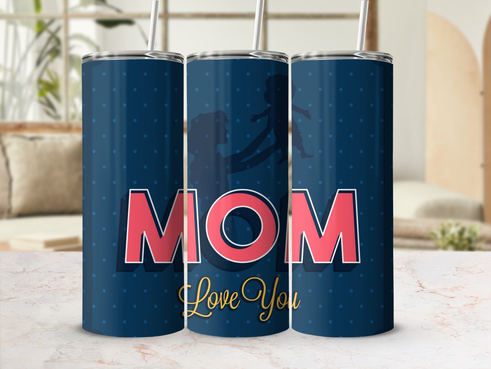 MOM Love You With Silhouette Blue Polka Dot Tumbler