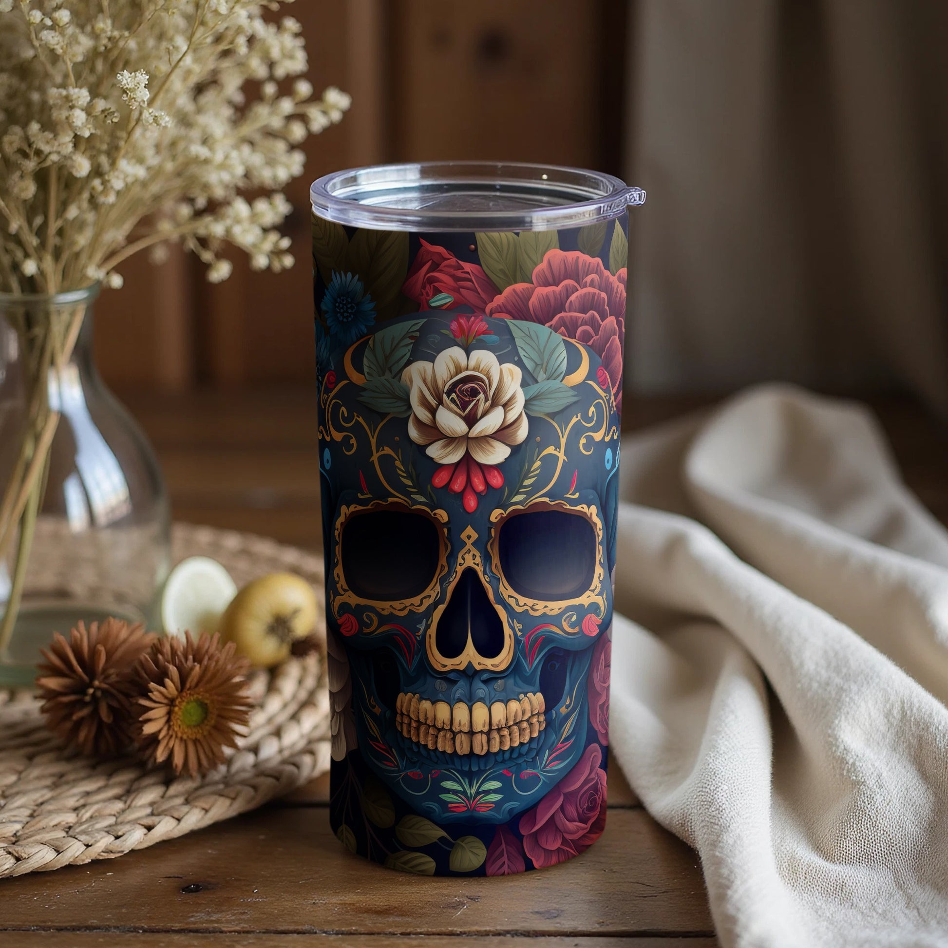 Vibrant Skull Art Insulated Tumbler For Beverages