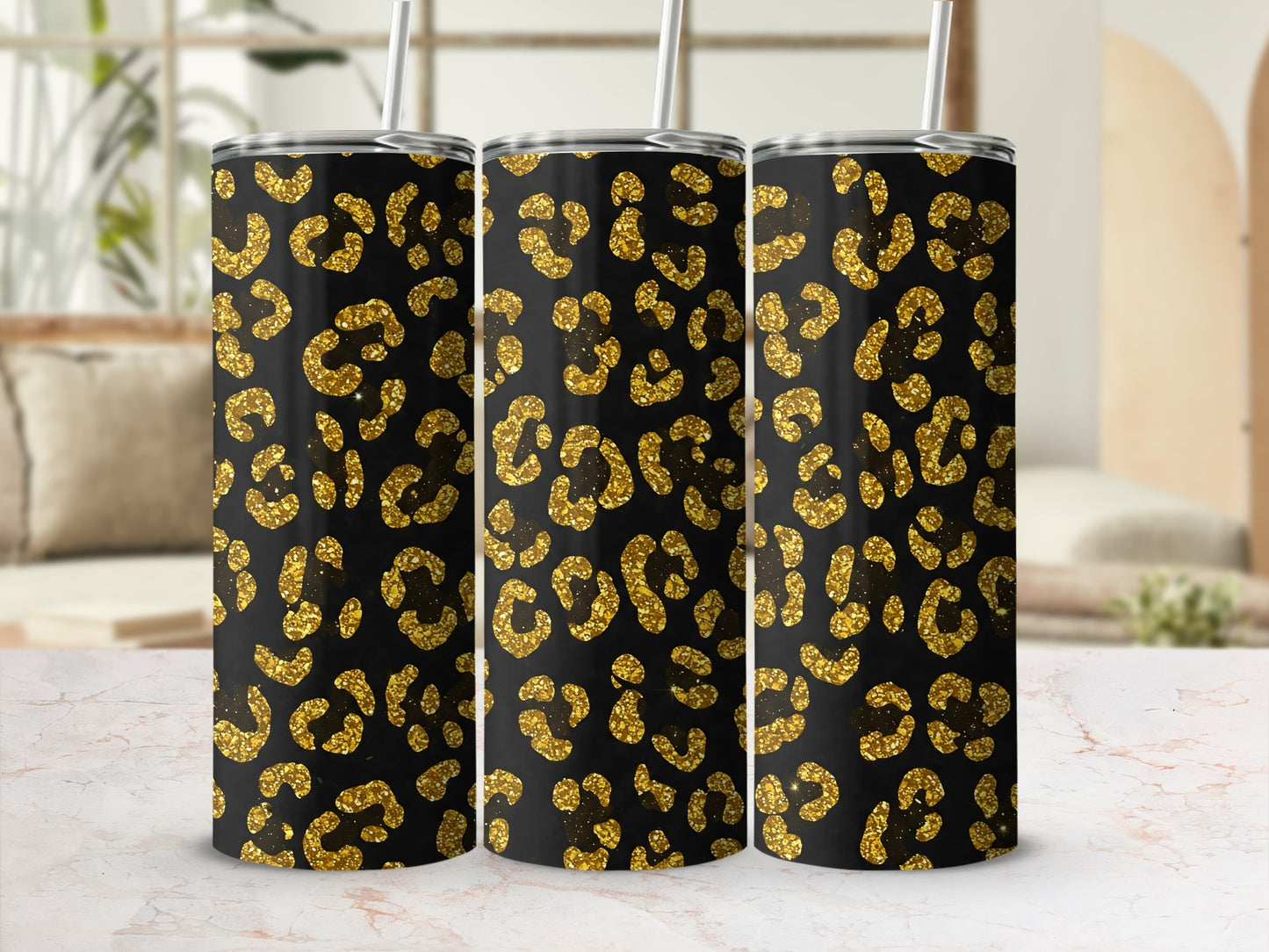 Glittery Leopard Print Tumbler in Black and Gold