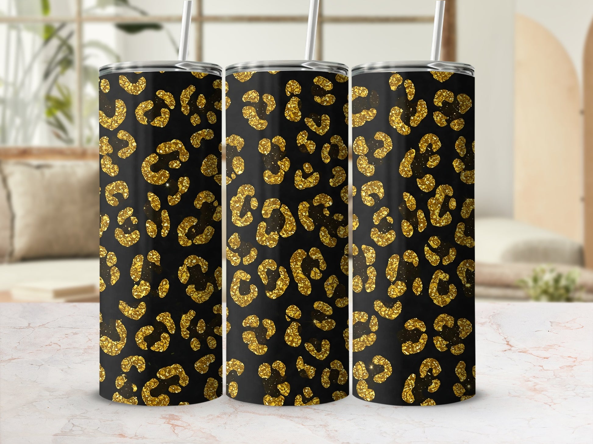 Glittery Leopard Print Tumbler in Black and Gold