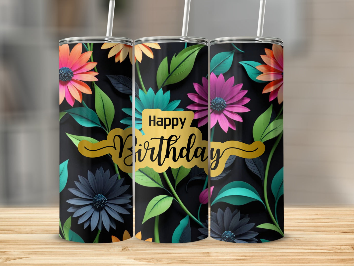 Three tumblers with colorful floral designs and "Happy Birthday" text.