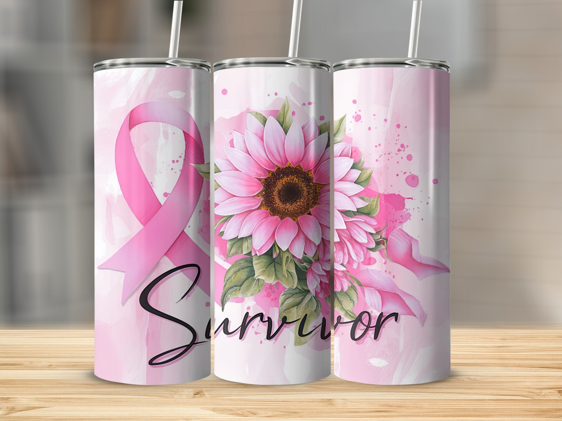 Sunflower and pink ribbon "Survivor" design on three white tumblers.