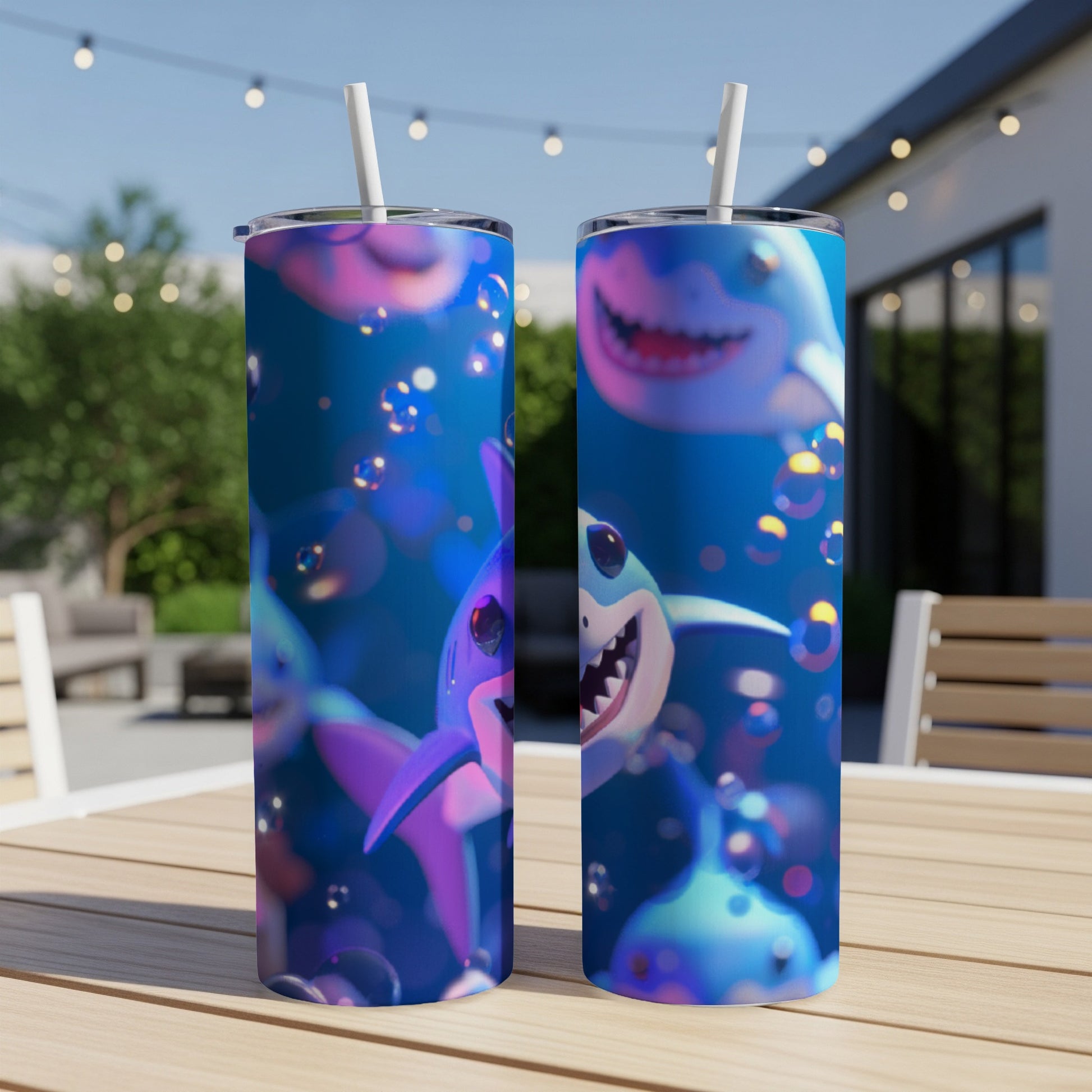 Two cartoon sharks with wide smiles and bubbles on a blue background.