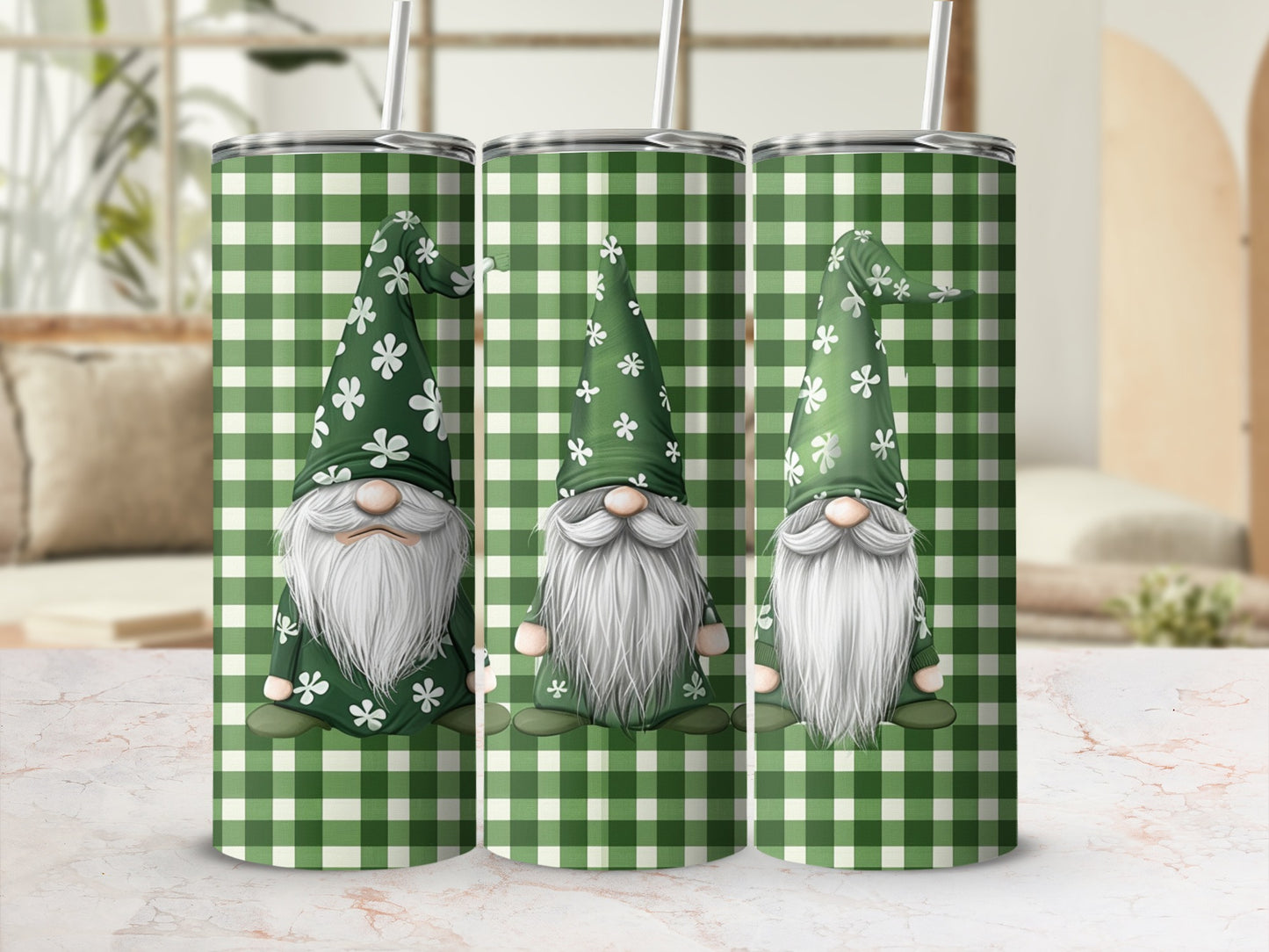 Three green gnome tumblers with white stars and plaid pattern.