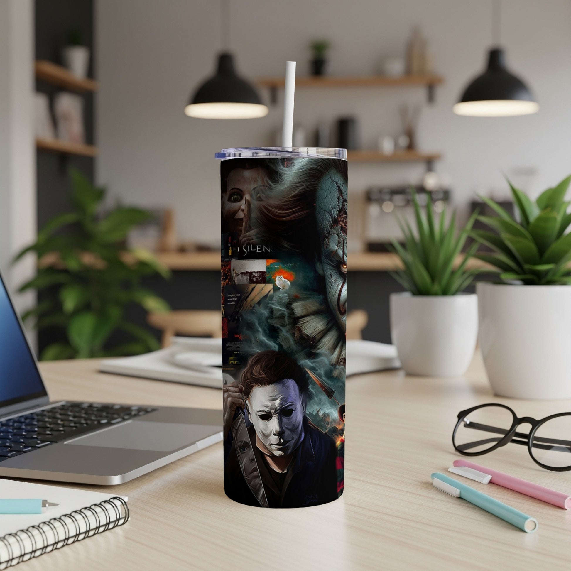 Tumbler with horror movie characters, including Michael Myers, Pennywise, and Chucky.
