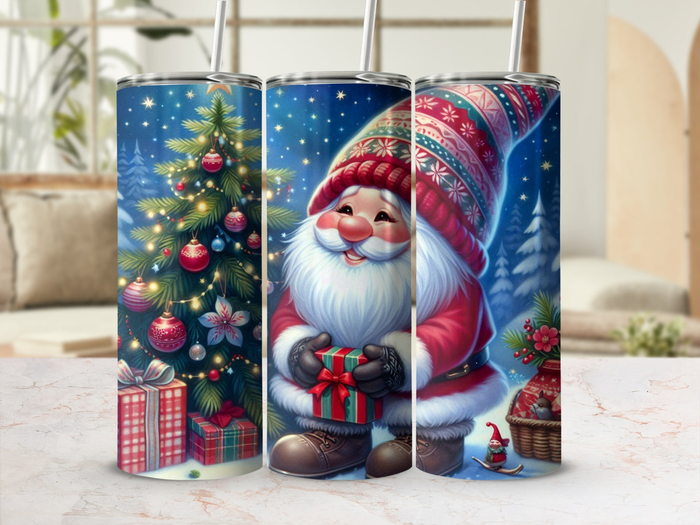Triptych of Santa Claus holding a gift, with a Christmas tree and presents.