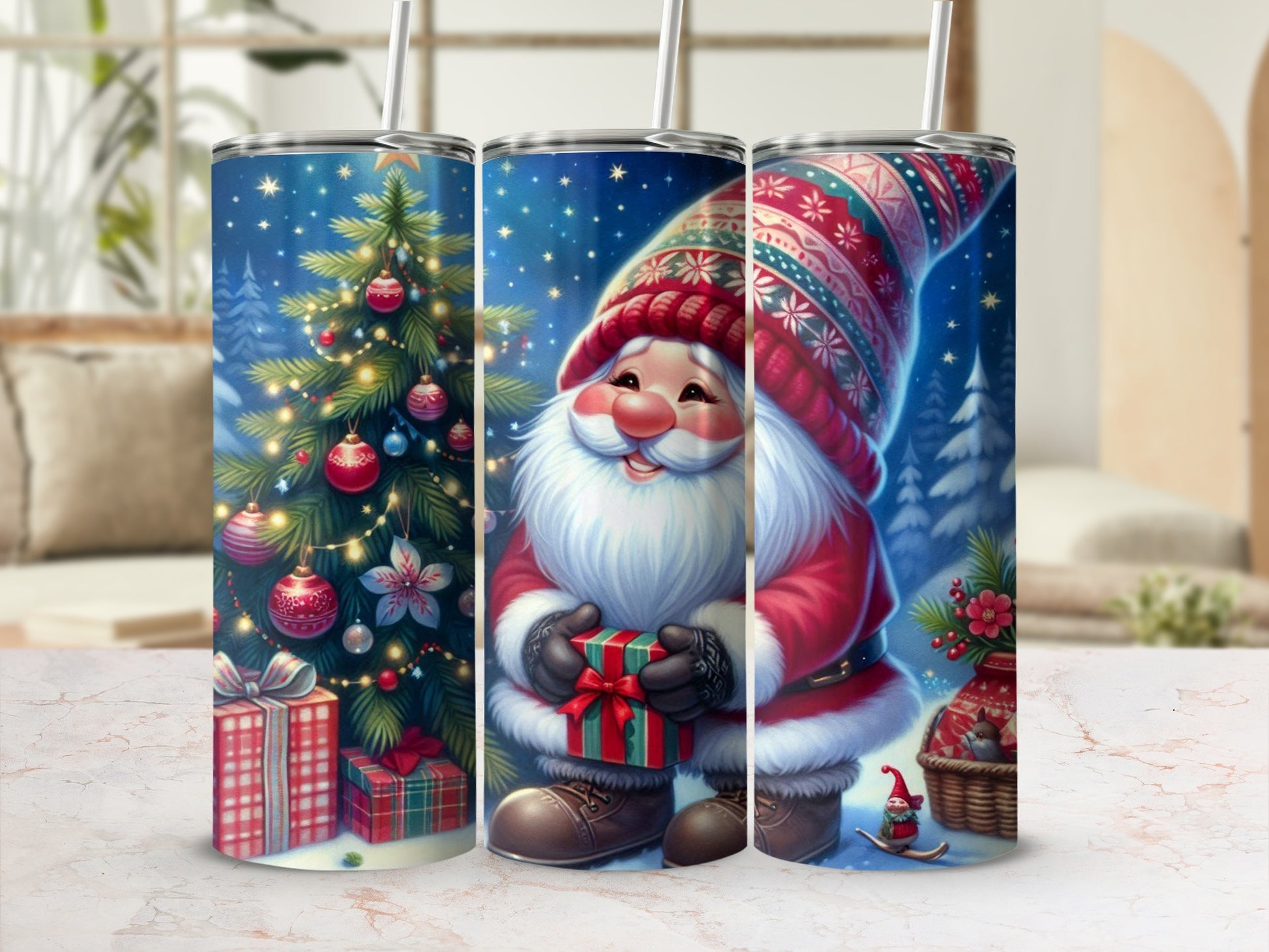 Triptych of Santa Claus holding a gift, with a Christmas tree and presents.