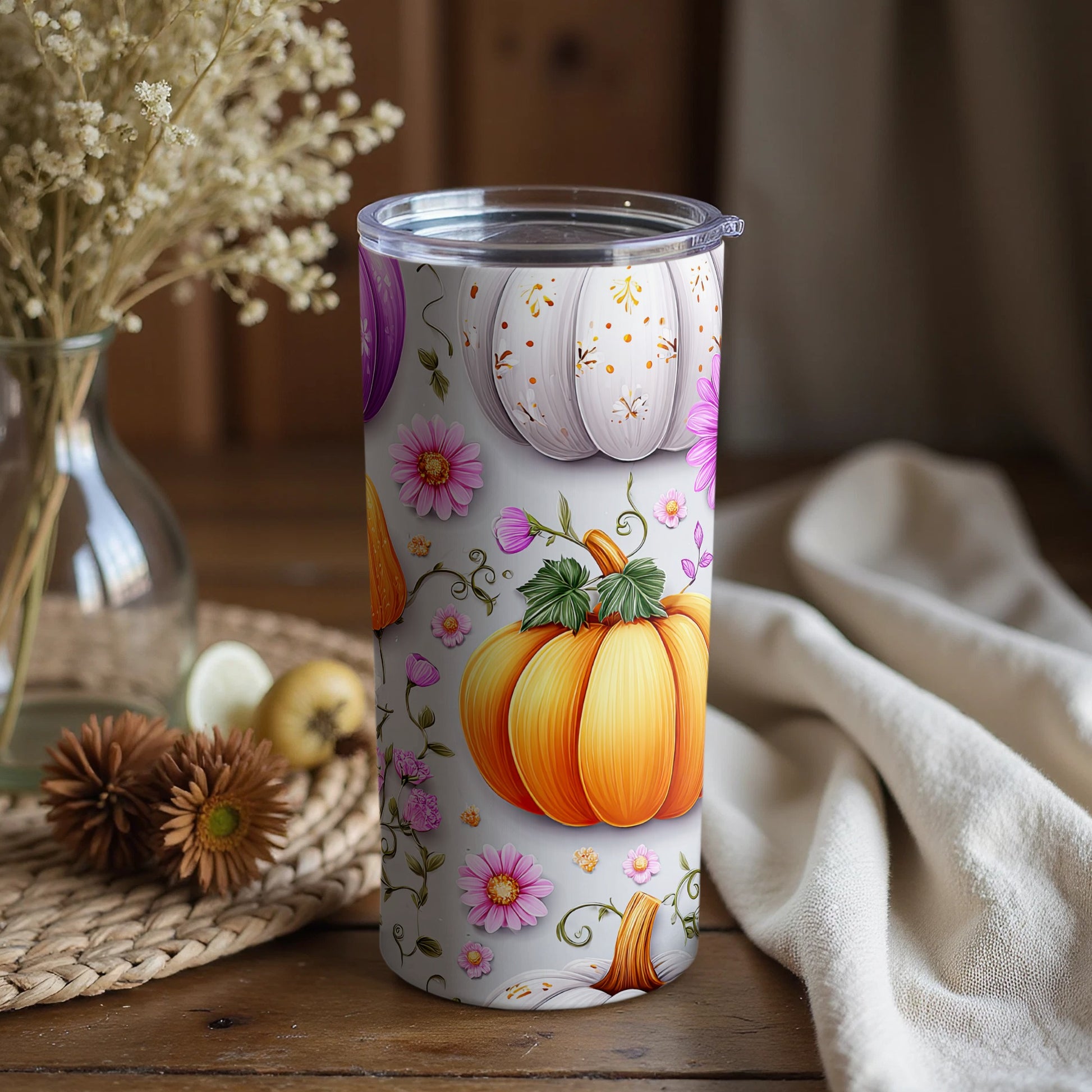 Autumn Pumpkin and Flowers Design Tumbler Cup